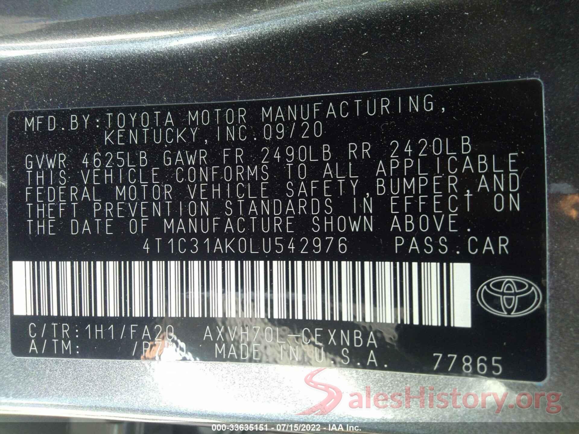 4T1C31AK0LU542976 2020 TOYOTA CAMRY