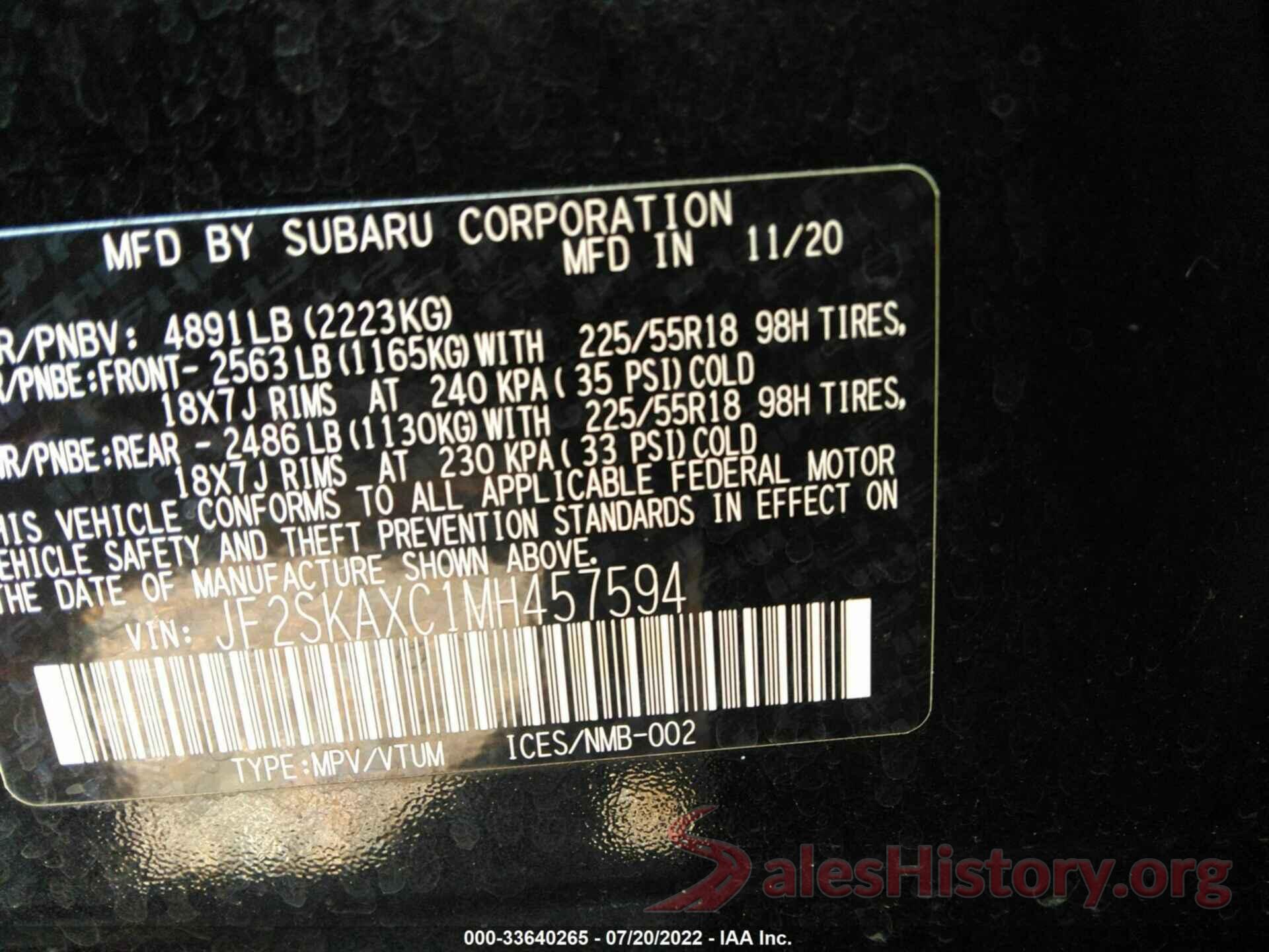 JF2SKAXC1MH457594 2021 SUBARU FORESTER