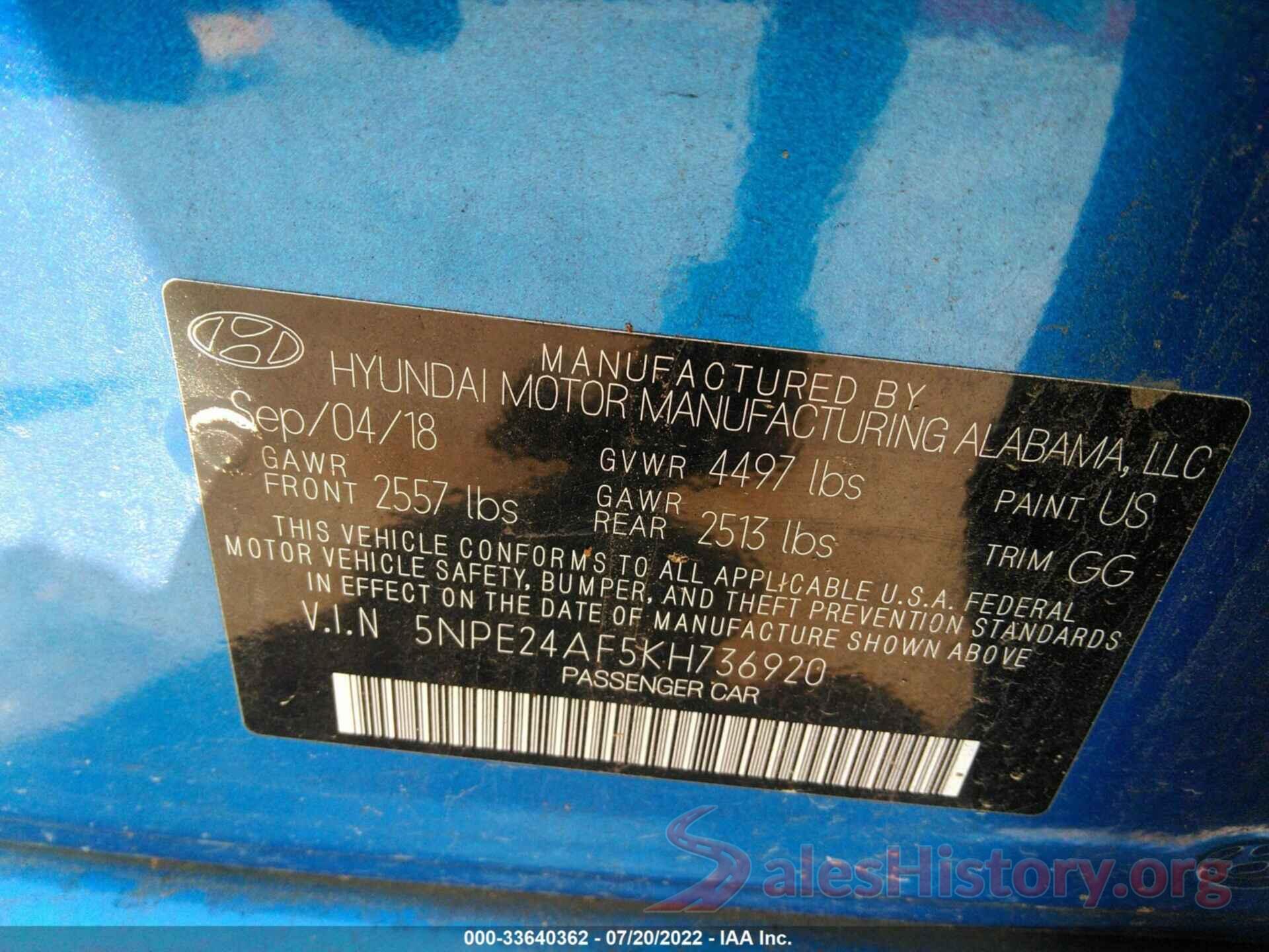 5NPE24AF5KH736920 2019 HYUNDAI SONATA