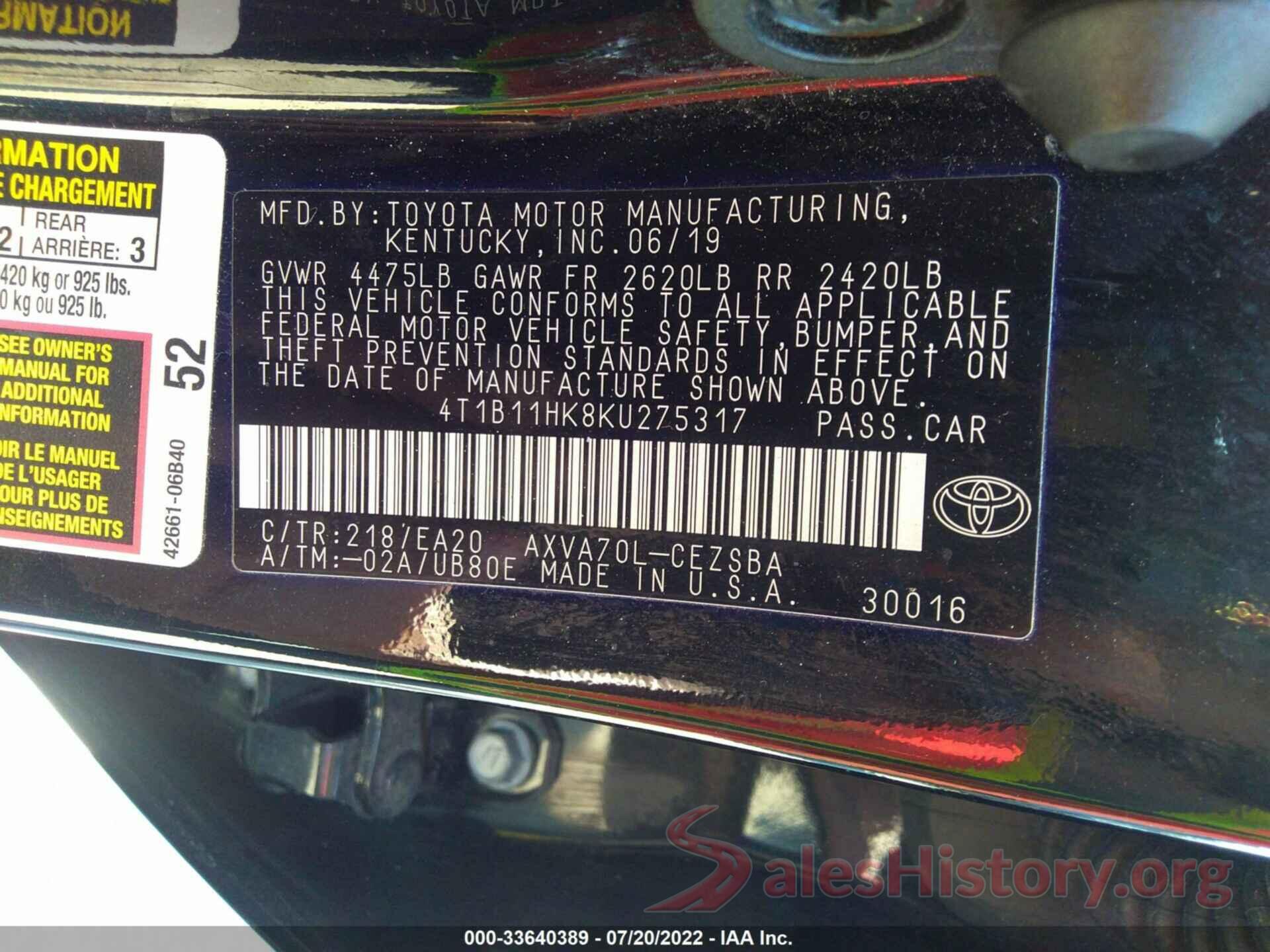 4T1B11HK8KU275317 2019 TOYOTA CAMRY