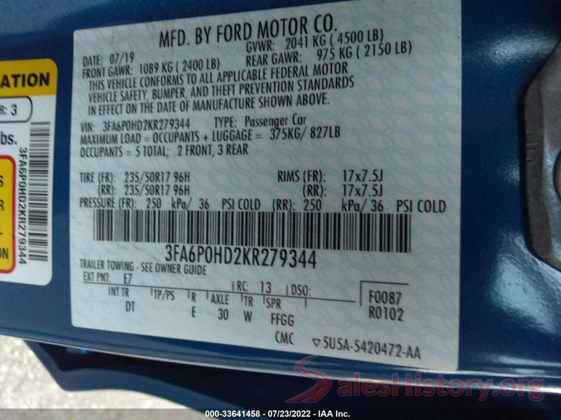 3FA6P0HD2KR279344 2019 FORD FUSION