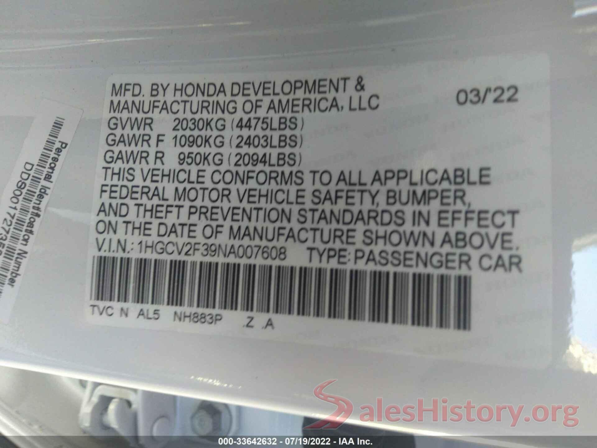 1HGCV2F39NA007608 2022 HONDA ACCORD SEDAN