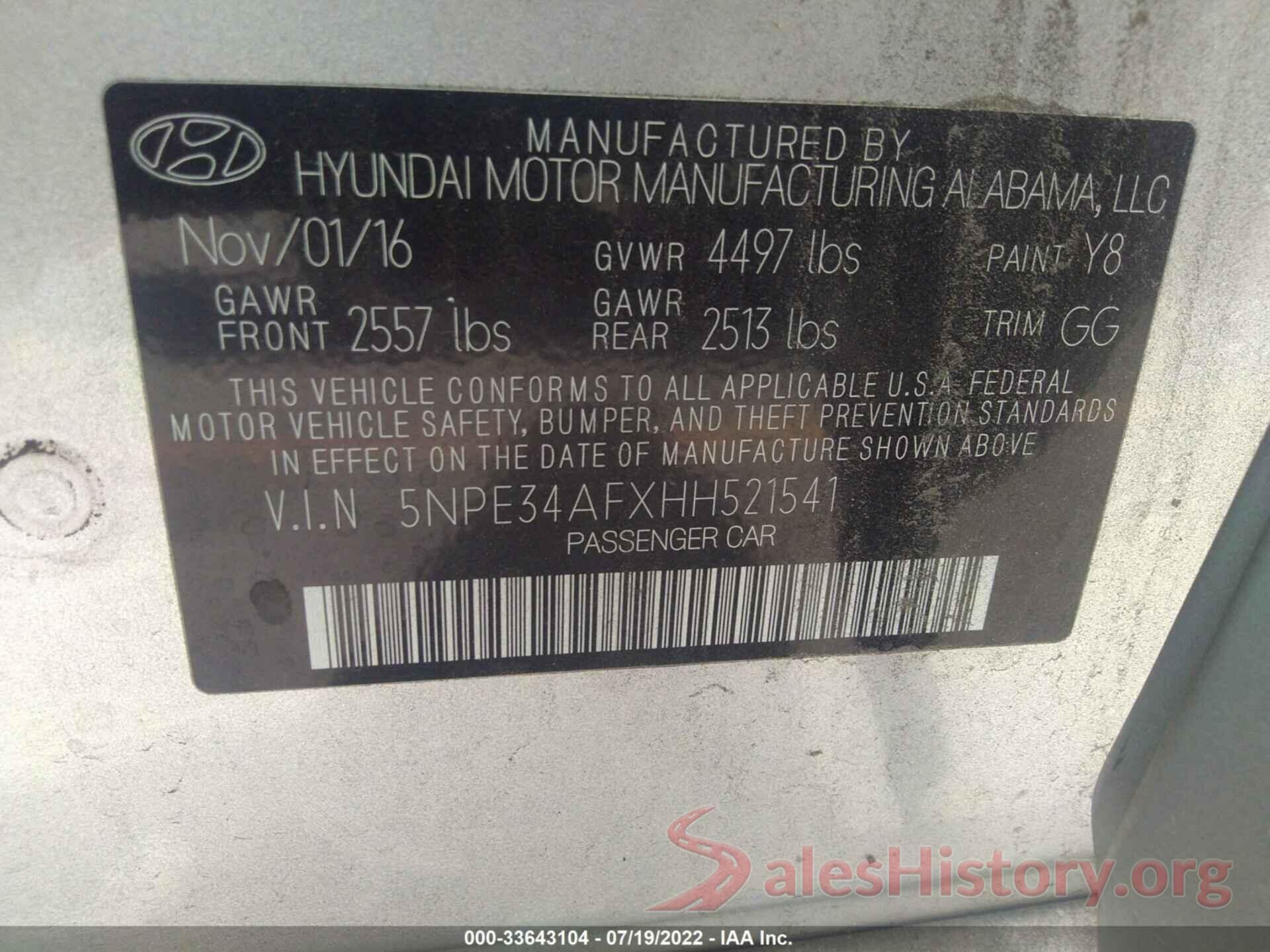 5NPE34AFXHH521541 2017 HYUNDAI SONATA