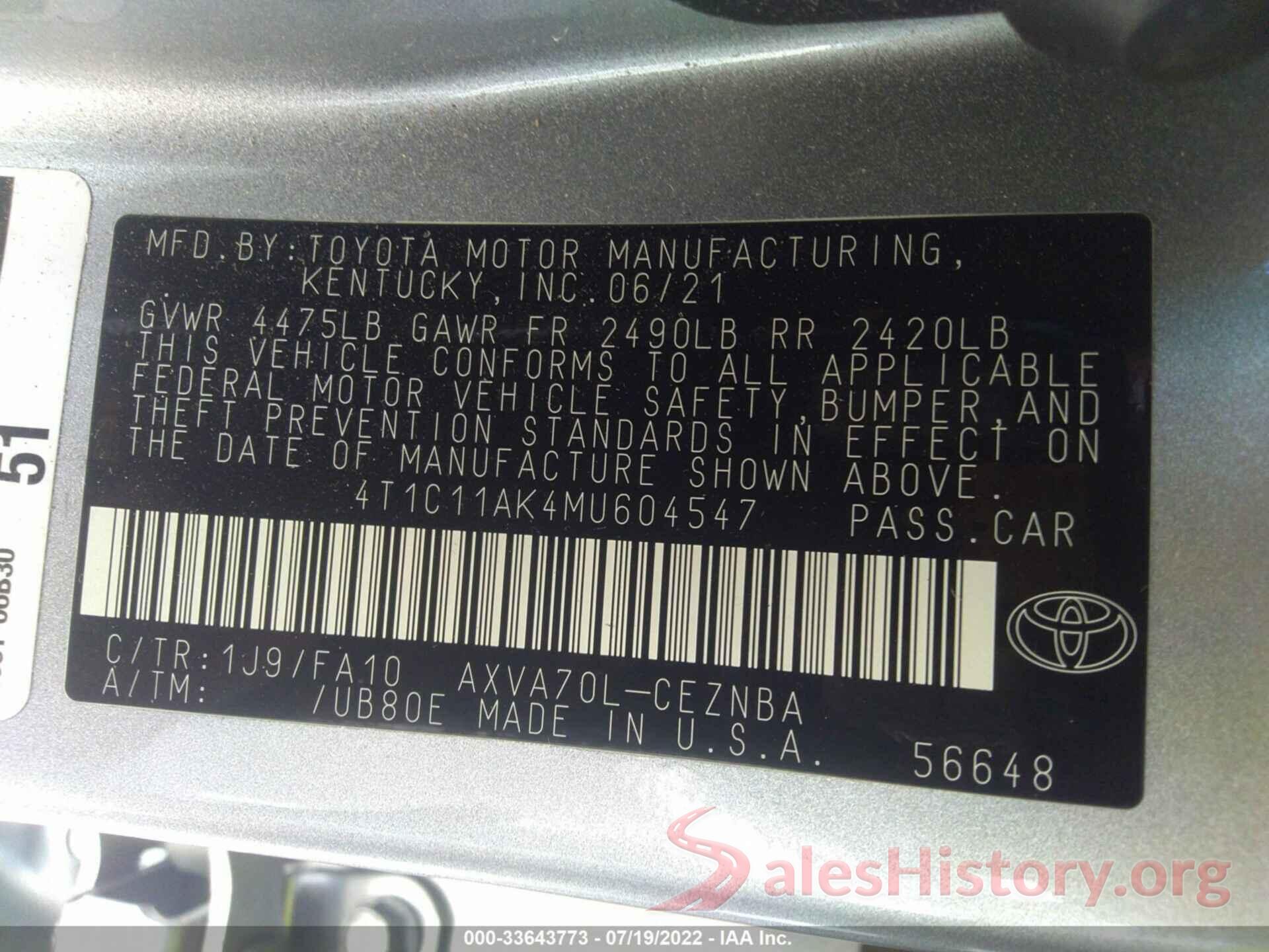 4T1C11AK4MU604547 2021 TOYOTA CAMRY