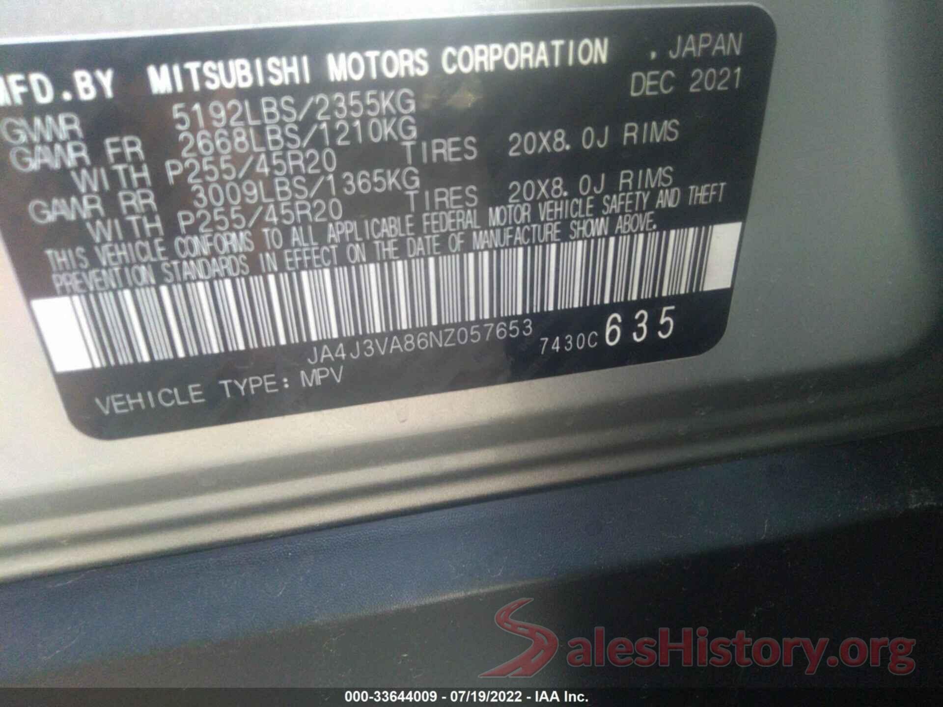 JA4J3VA86NZ057653 2022 MITSUBISHI OUTLANDER