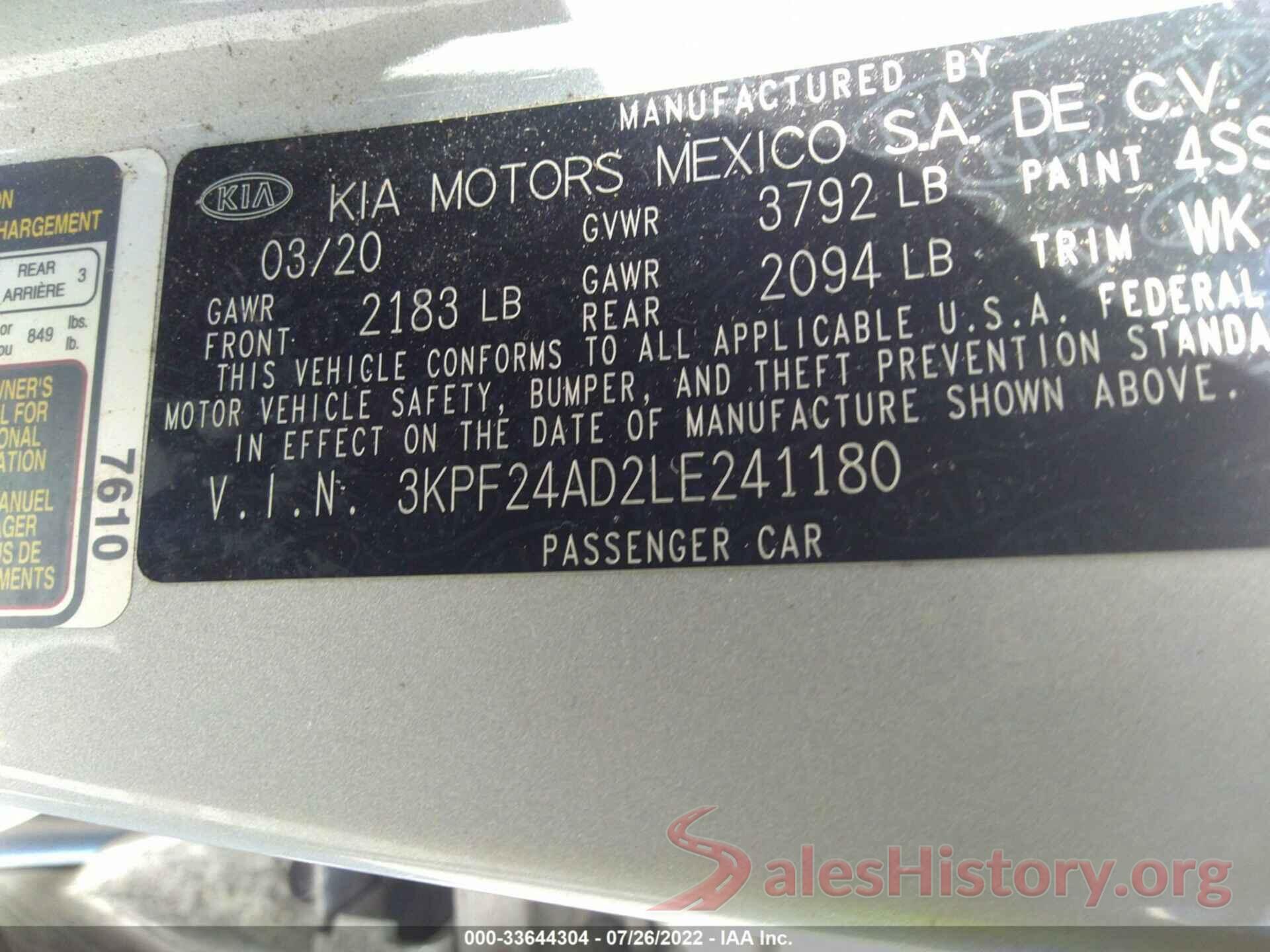 3KPF24AD2LE241180 2020 KIA FORTE