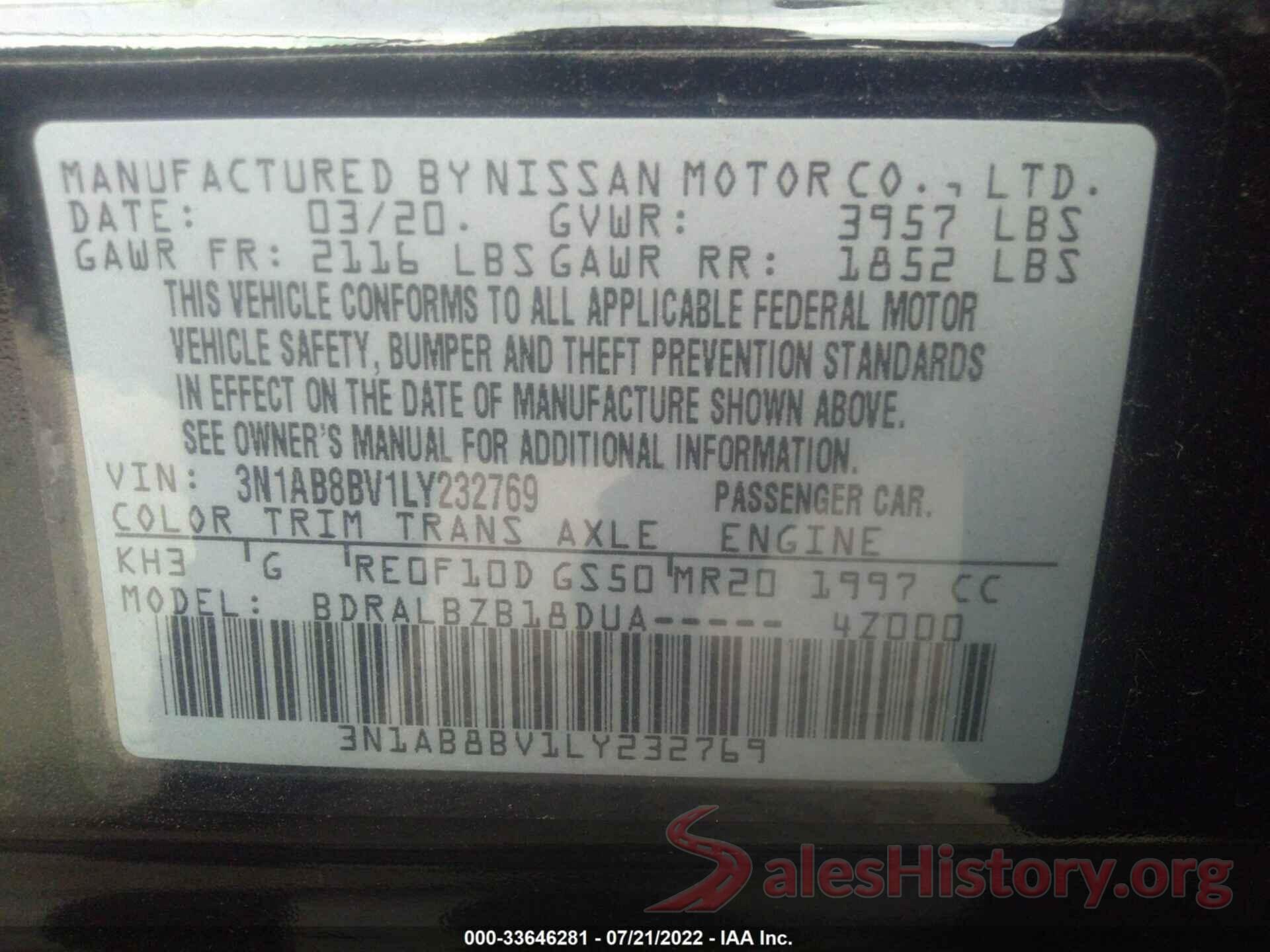 3N1AB8BV1LY232769 2020 NISSAN SENTRA