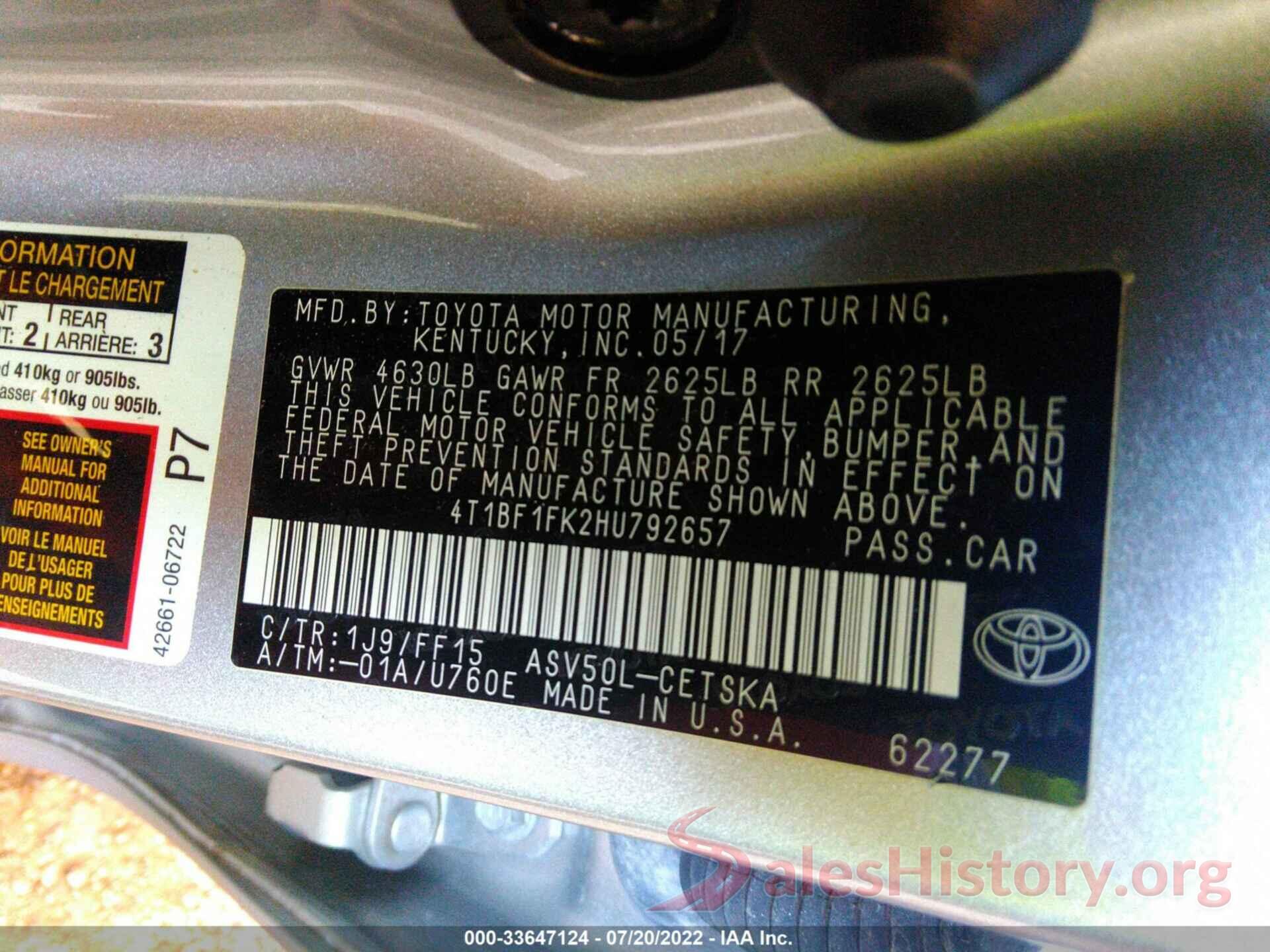 4T1BF1FK2HU792657 2017 TOYOTA CAMRY