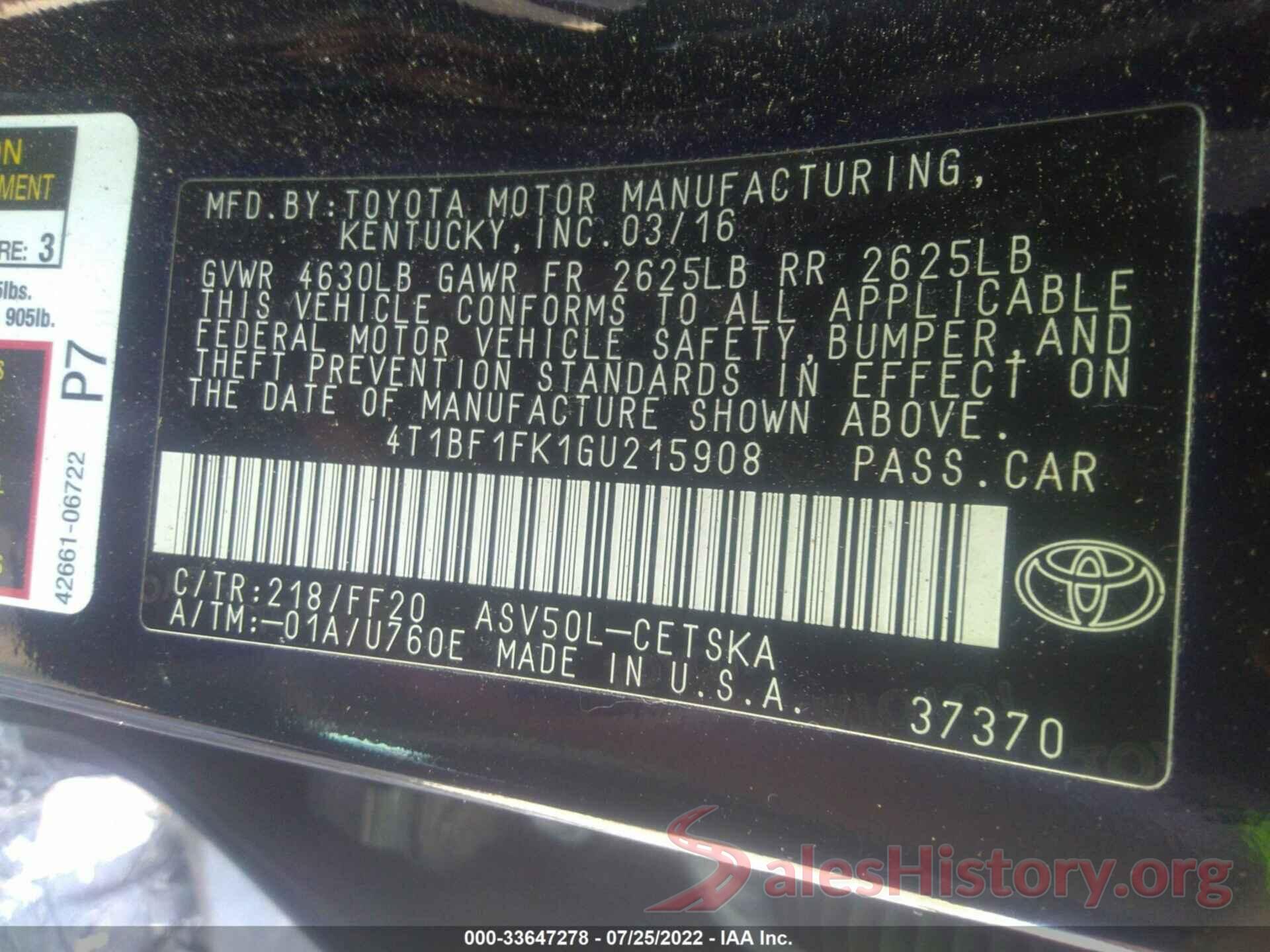 4T1BF1FK1GU215908 2016 TOYOTA CAMRY