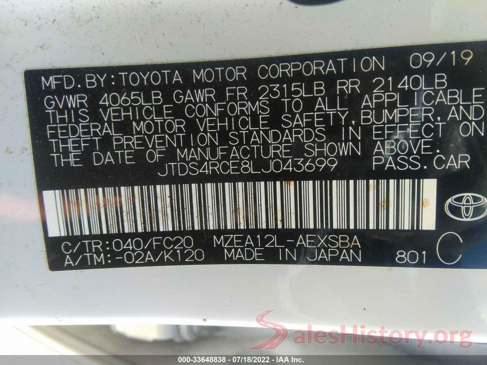 JTDS4RCE8LJ043699 2020 TOYOTA COROLLA