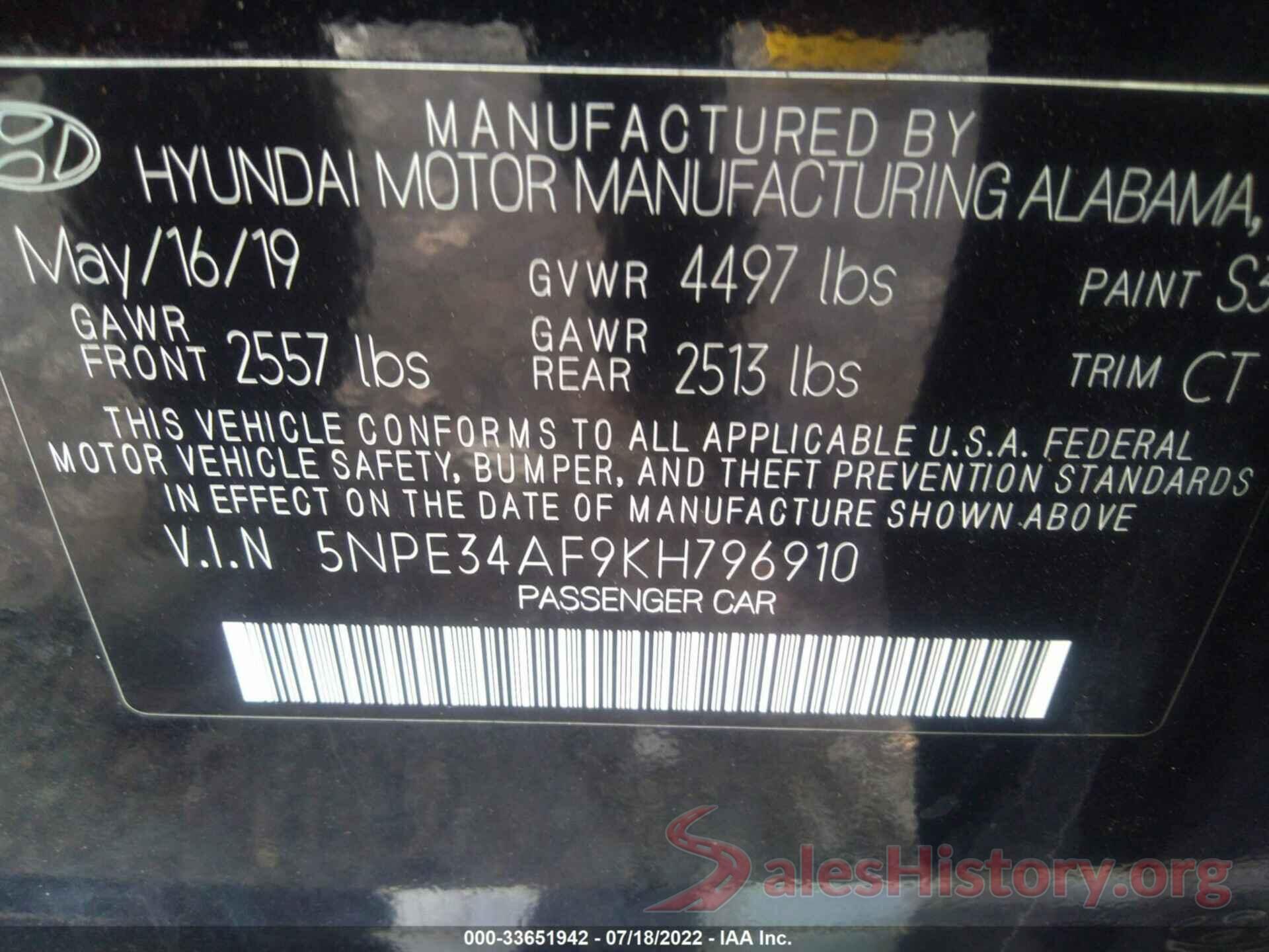 5NPE34AF9KH796910 2019 HYUNDAI SONATA