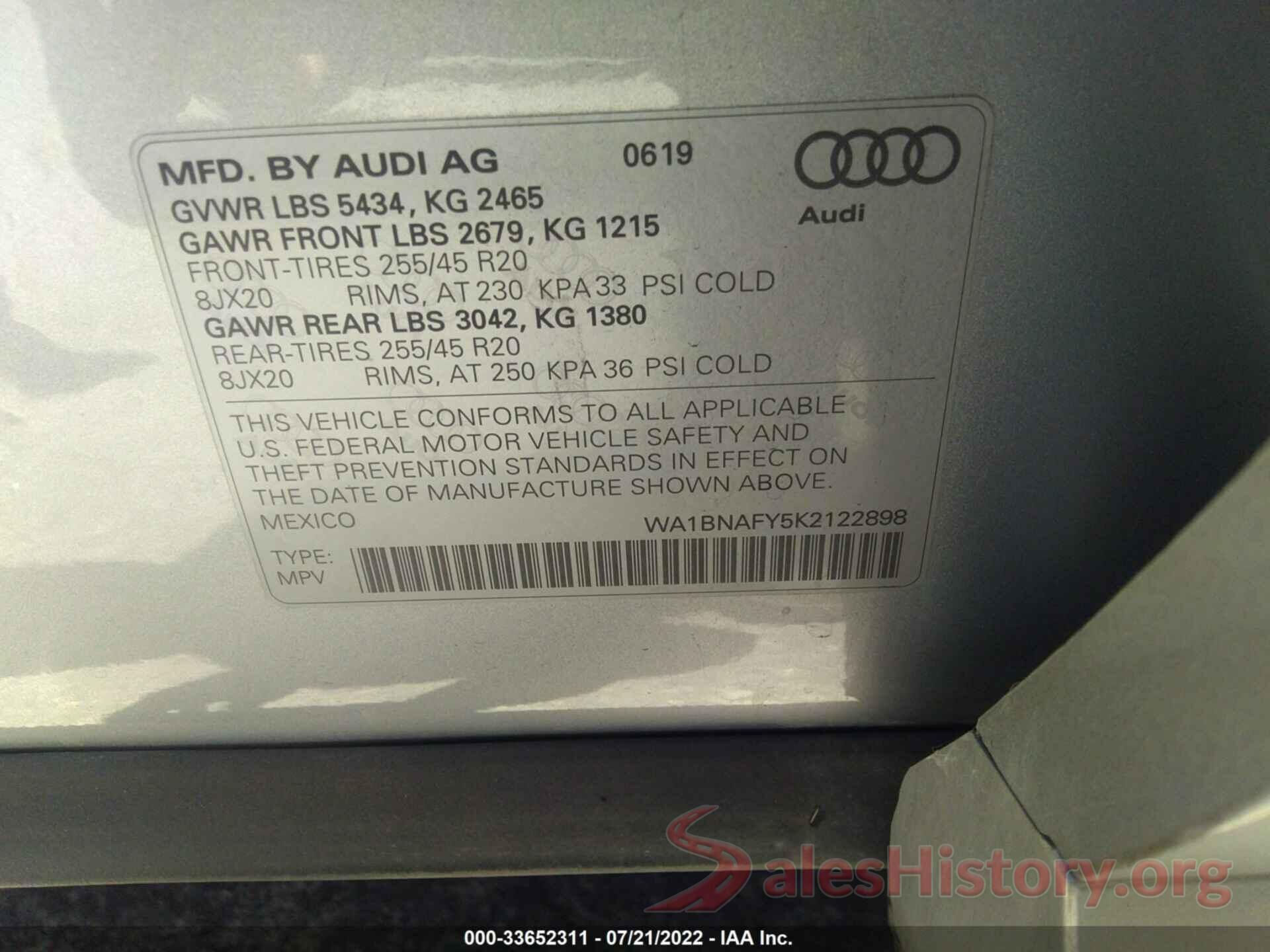 WA1BNAFY5K2122898 2019 AUDI Q5