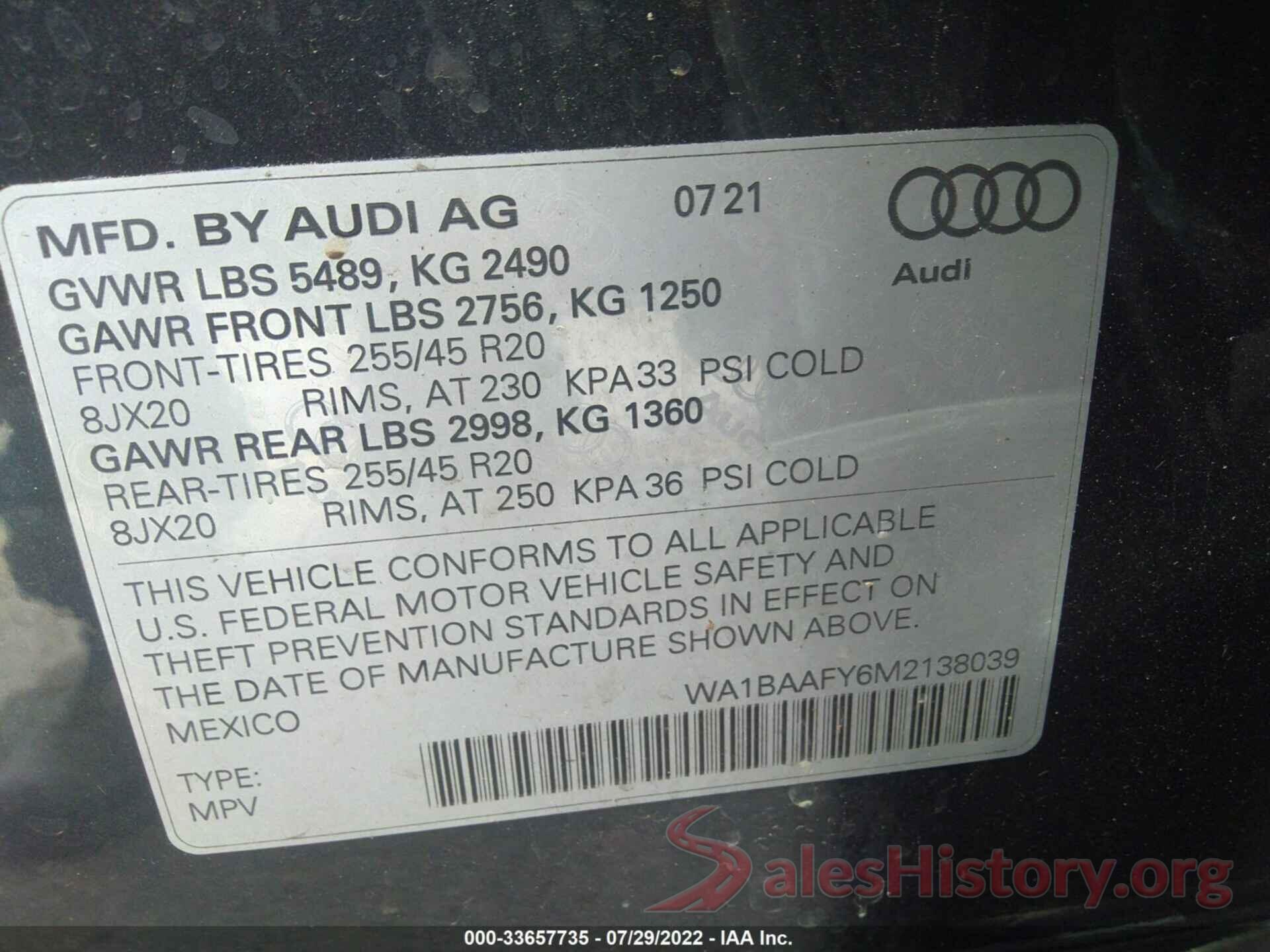 WA1BAAFY6M2138039 2021 AUDI Q5