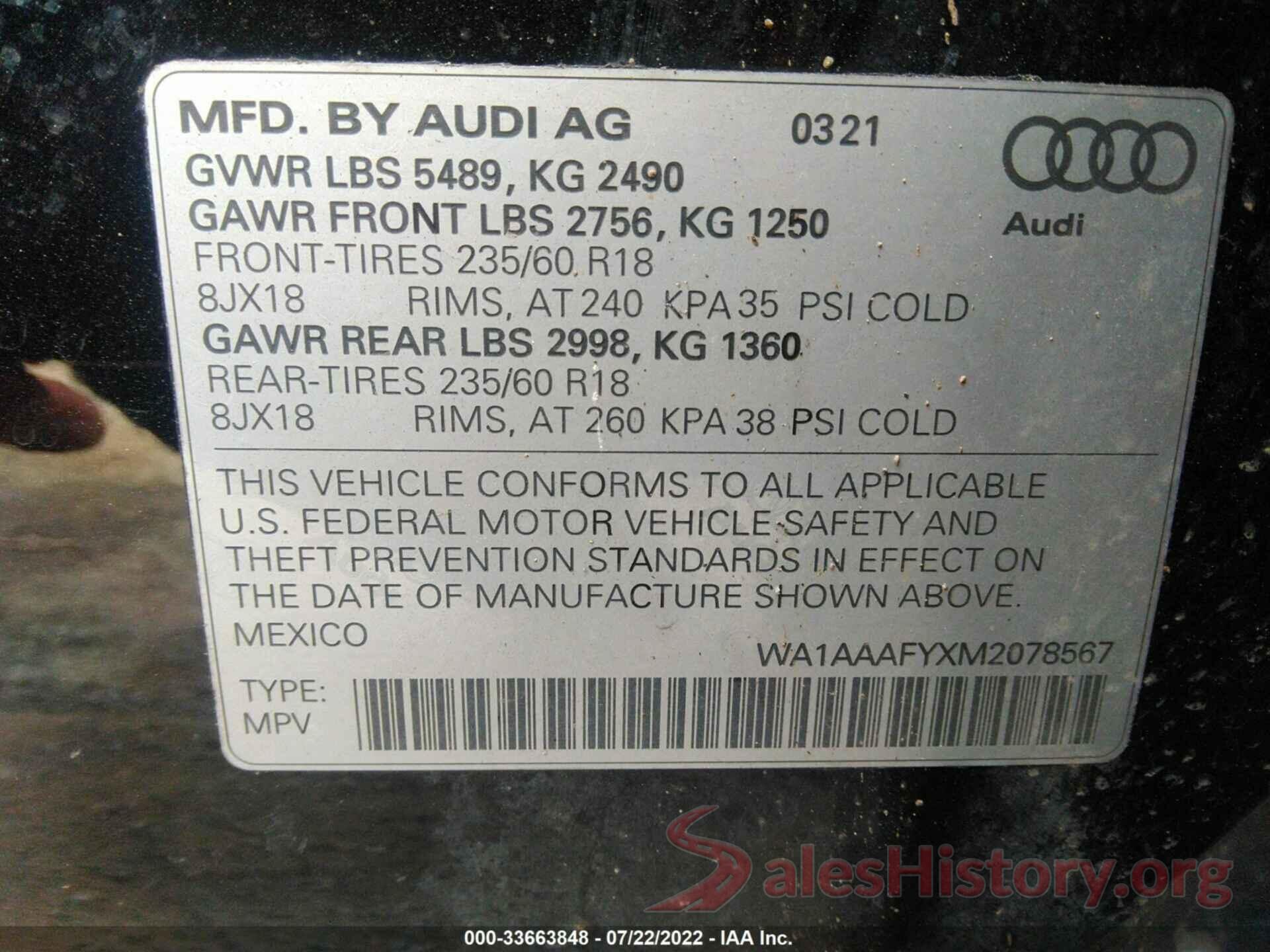 WA1AAAFYXM2078567 2021 AUDI Q5