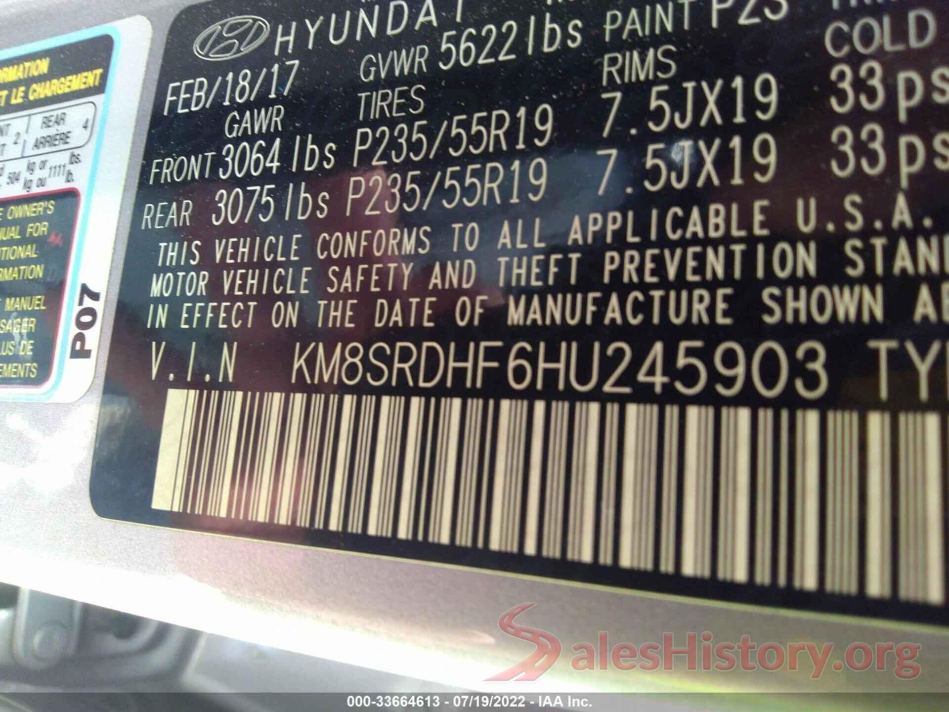 KM8SRDHF6HU245903 2017 HYUNDAI SANTA FE