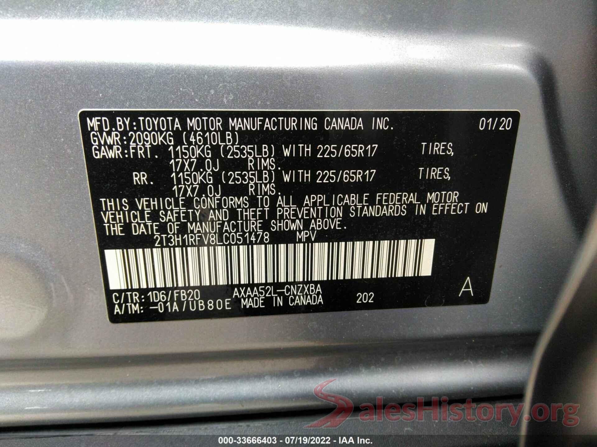 2T3H1RFV8LC051478 2020 TOYOTA RAV4