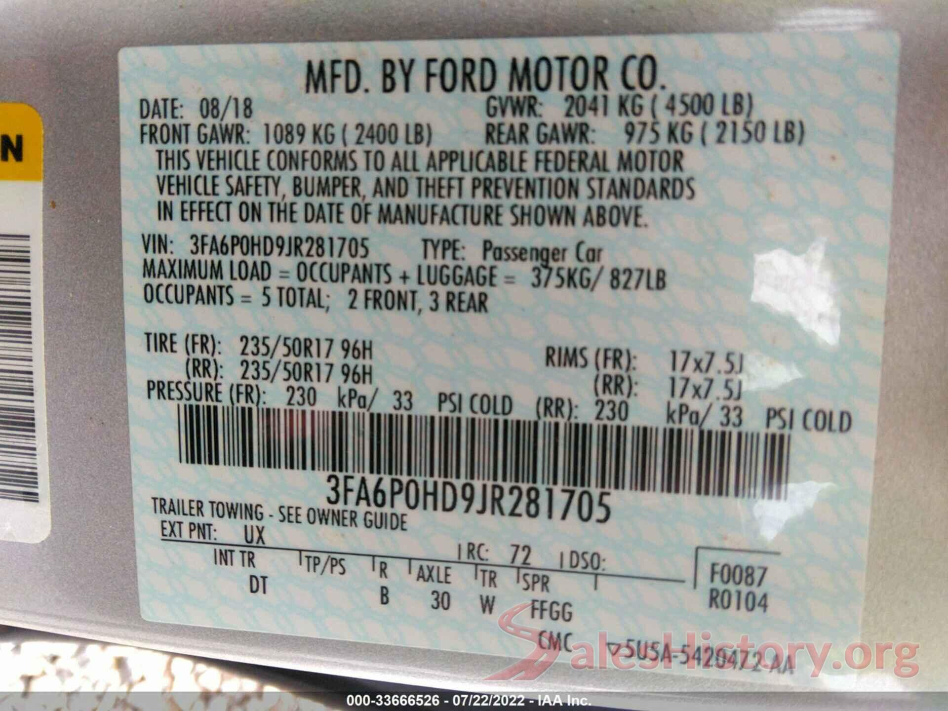 3FA6P0HD9JR281705 2018 FORD FUSION