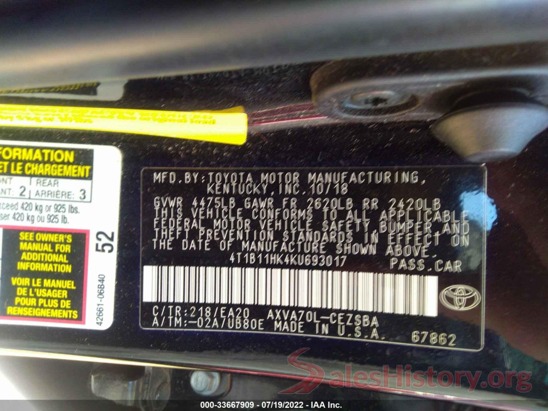 4T1B11HK4KU693017 2019 TOYOTA CAMRY