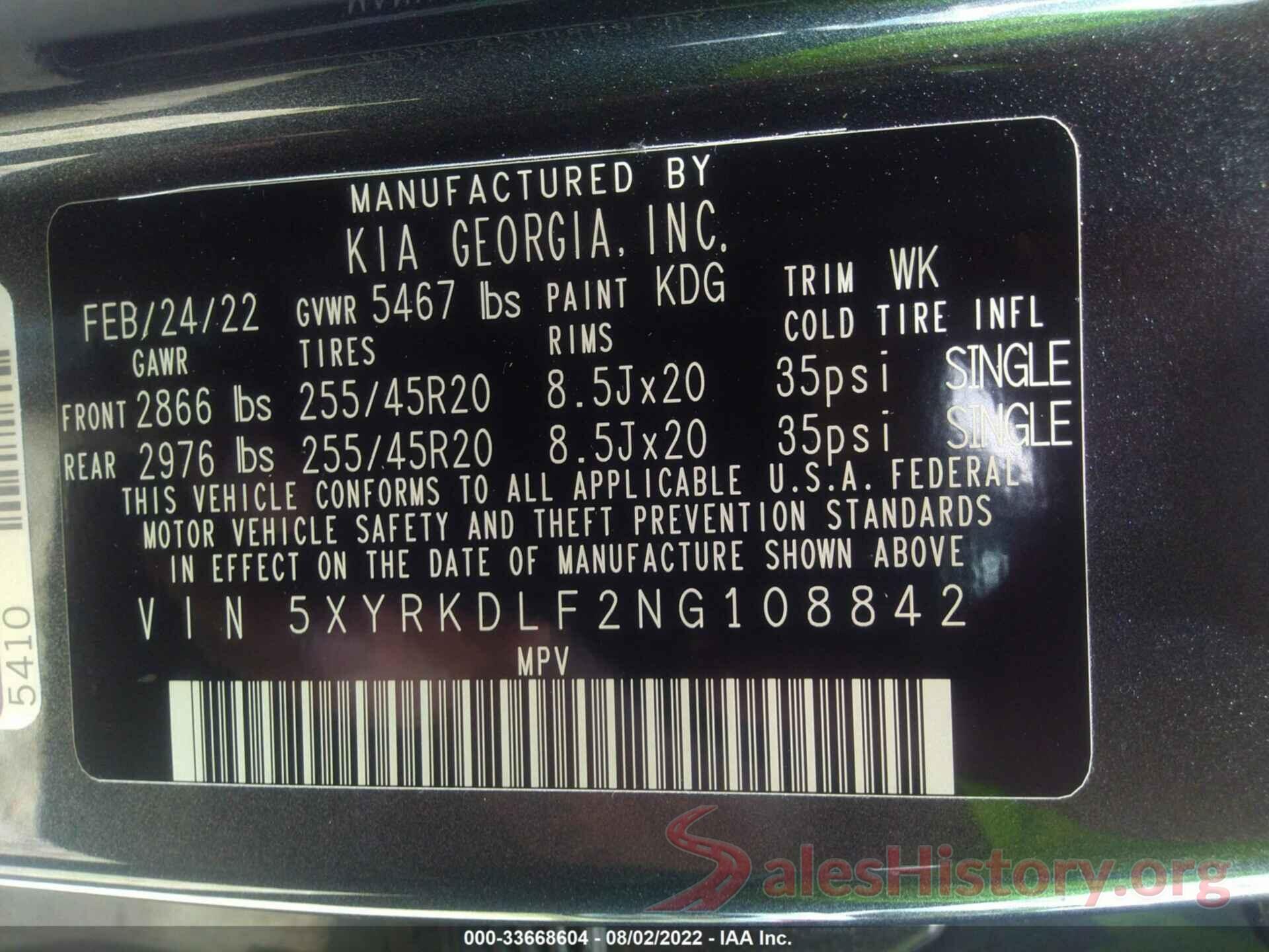 5XYRKDLF2NG108842 2022 KIA SORENTO