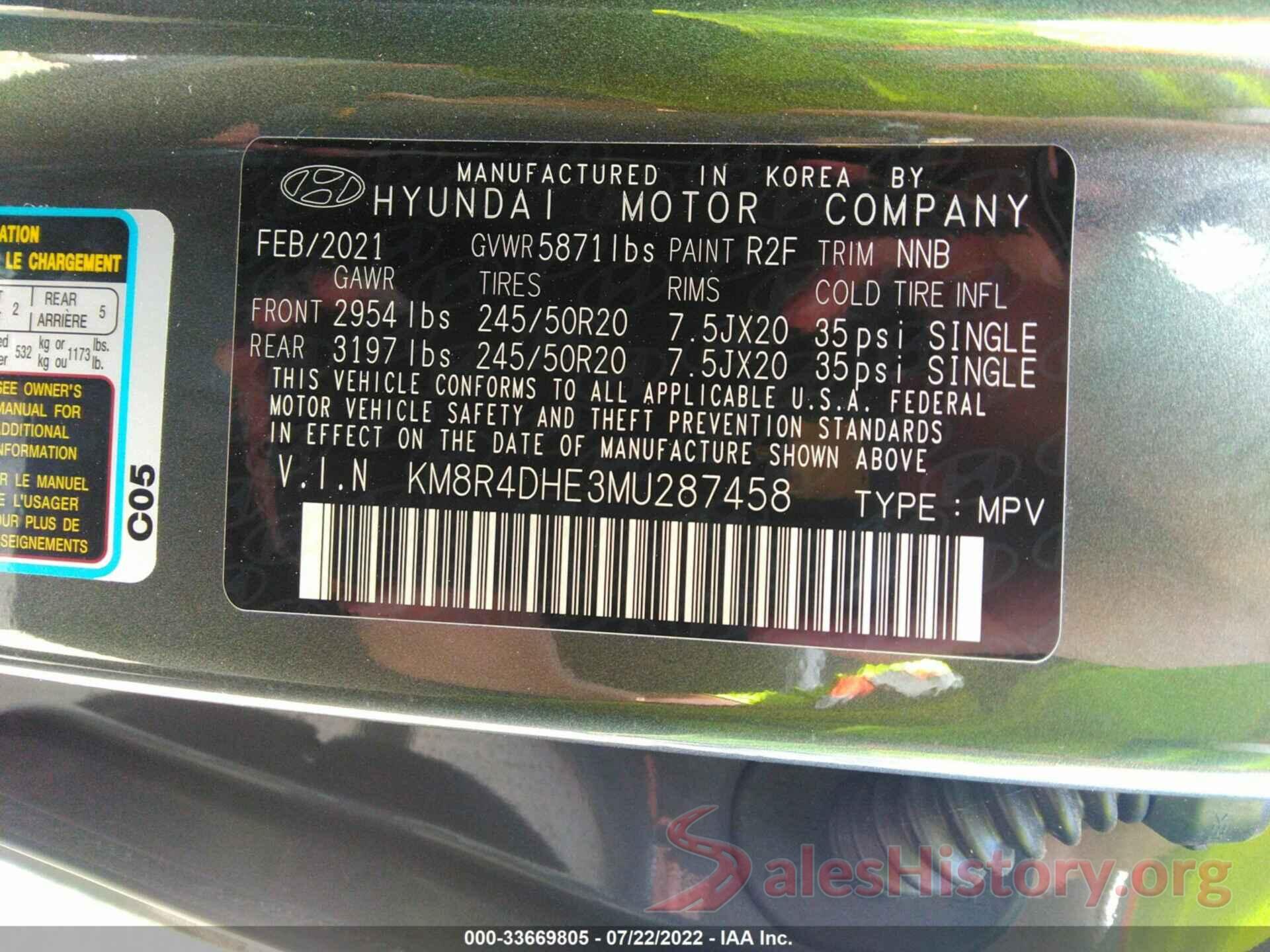 KM8R4DHE3MU287458 2021 HYUNDAI PALISADE