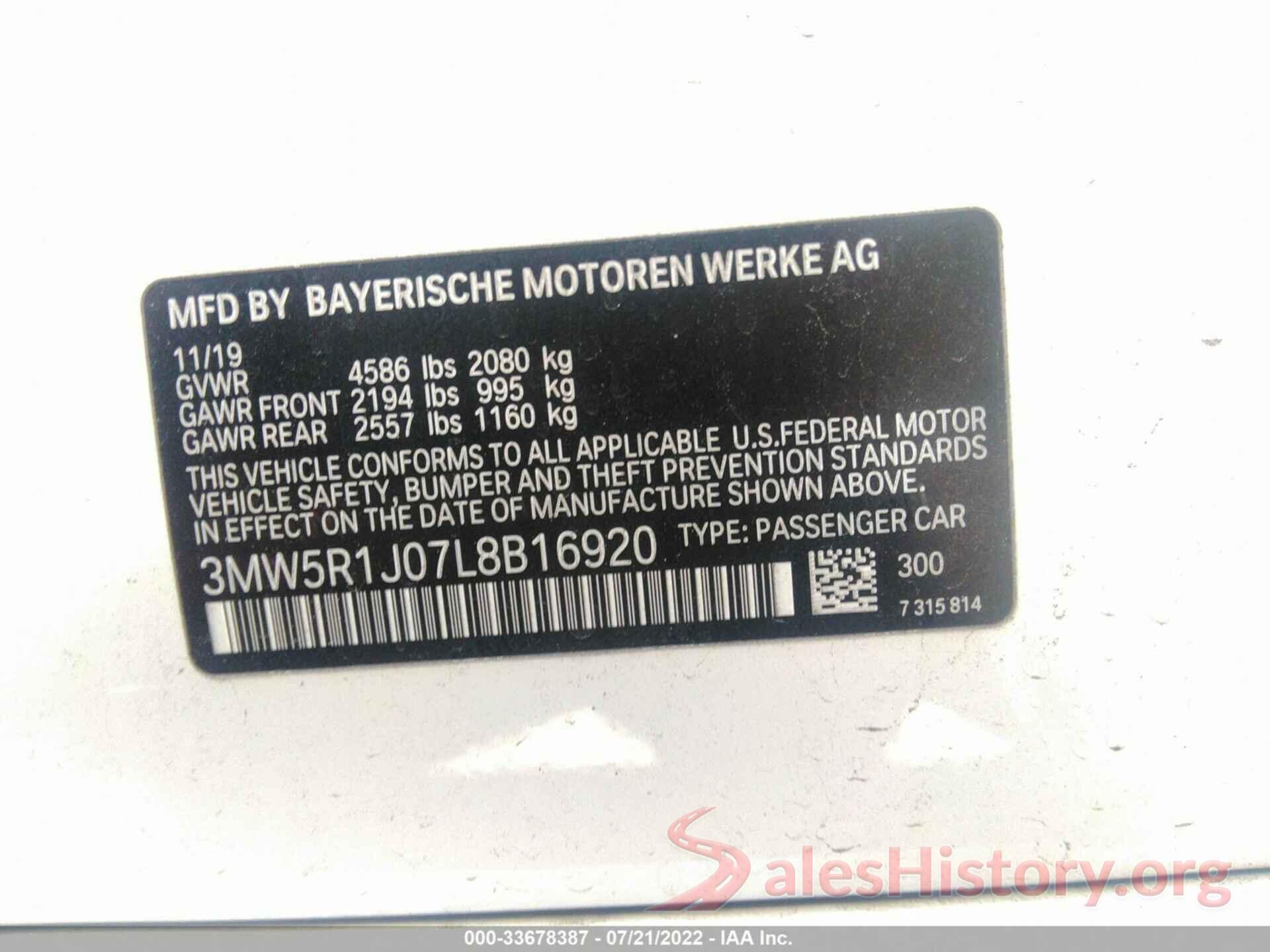 3MW5R1J07L8B16920 2020 BMW 3 SERIES