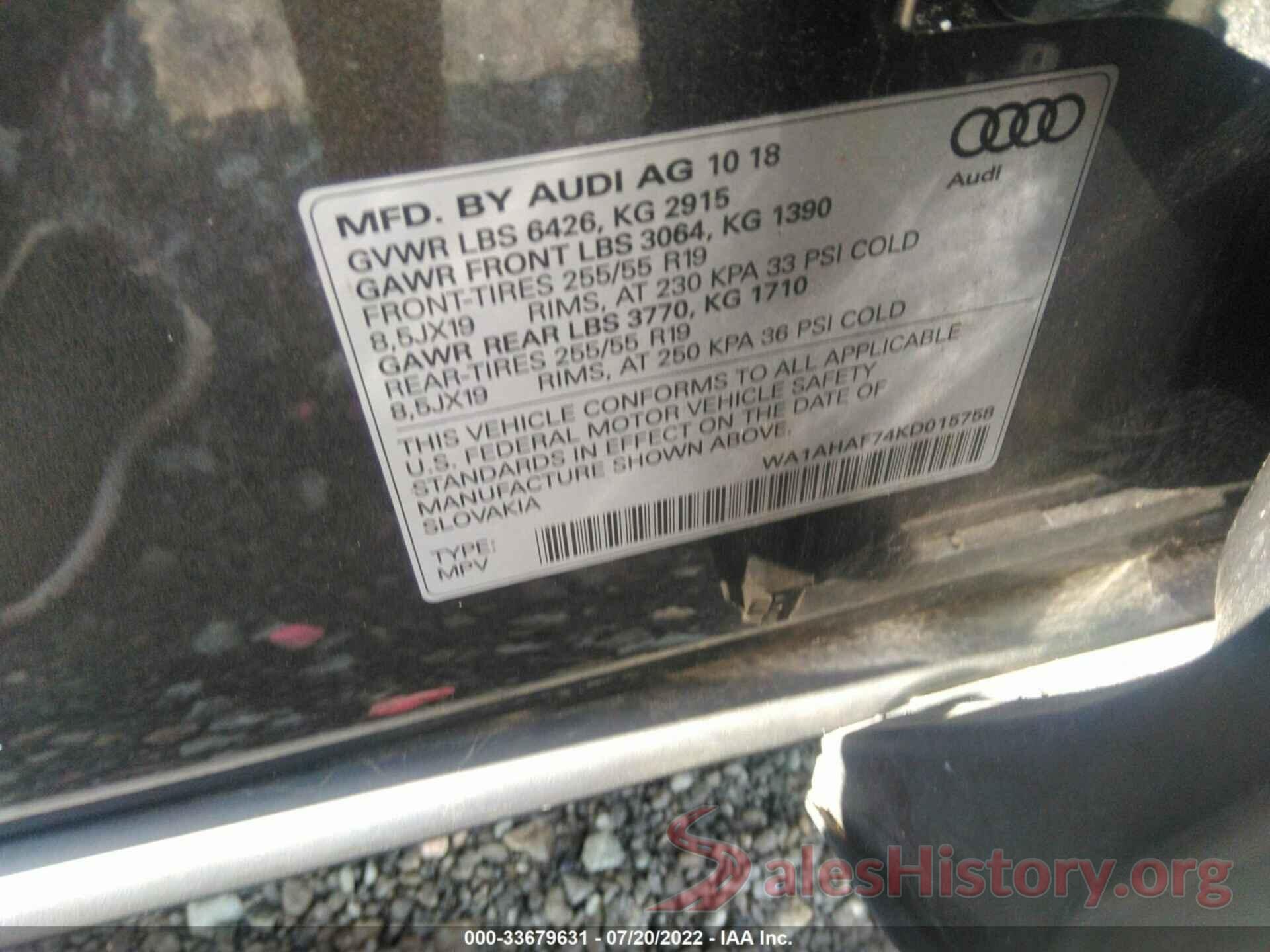 WA1AHAF74KD015758 2019 AUDI Q7