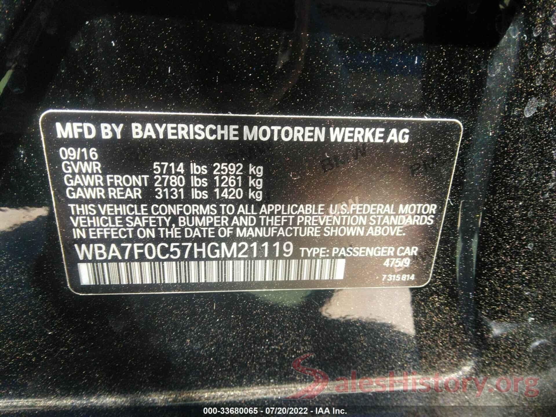 WBA7F0C57HGM21119 2017 BMW 7 SERIES