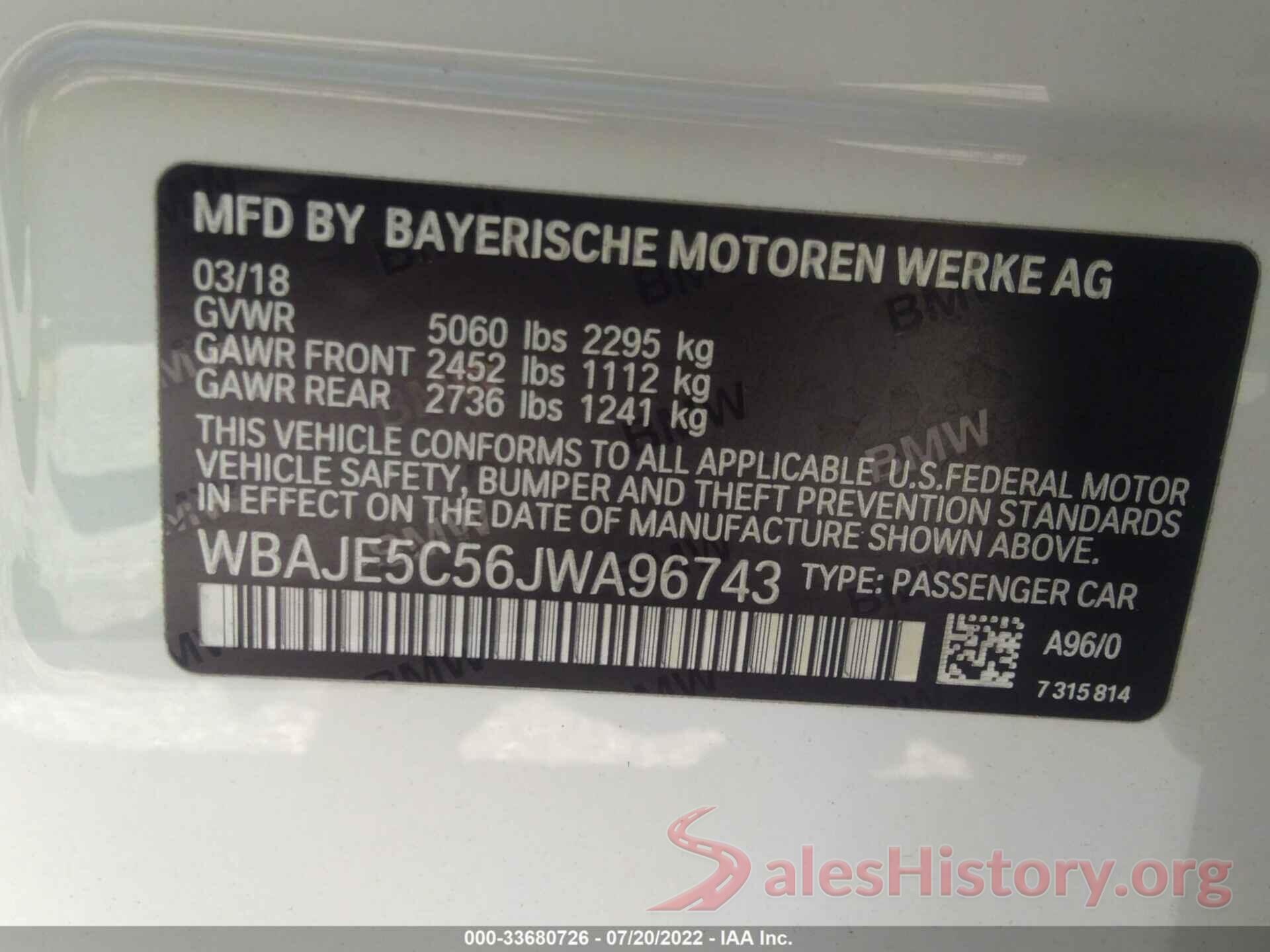 WBAJE5C56JWA96743 2018 BMW 5 SERIES