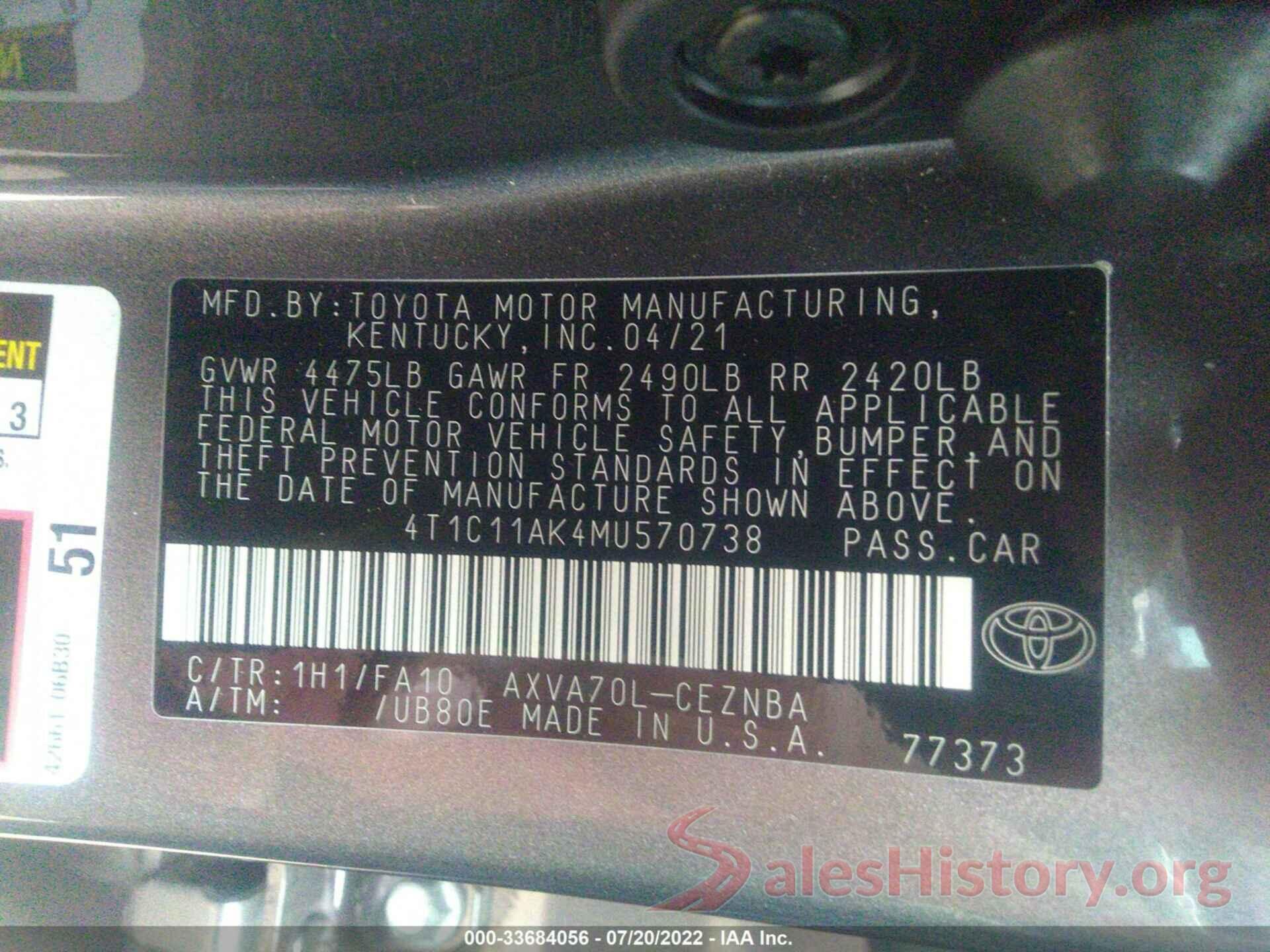 4T1C11AK4MU570738 2021 TOYOTA CAMRY