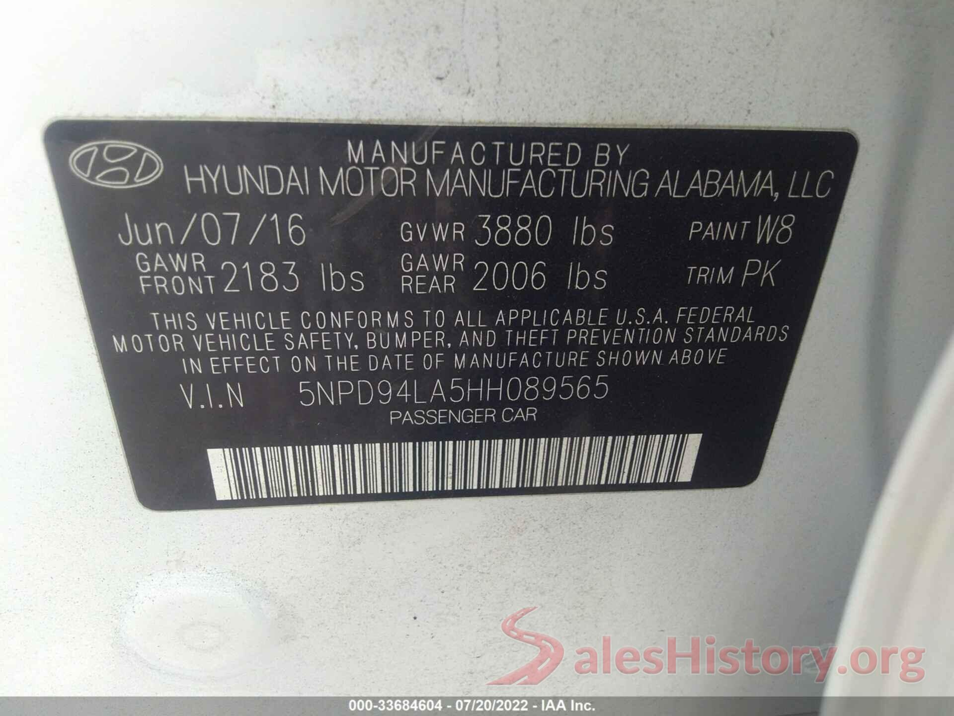 5NPD94LA5HH089565 2017 HYUNDAI ELANTRA