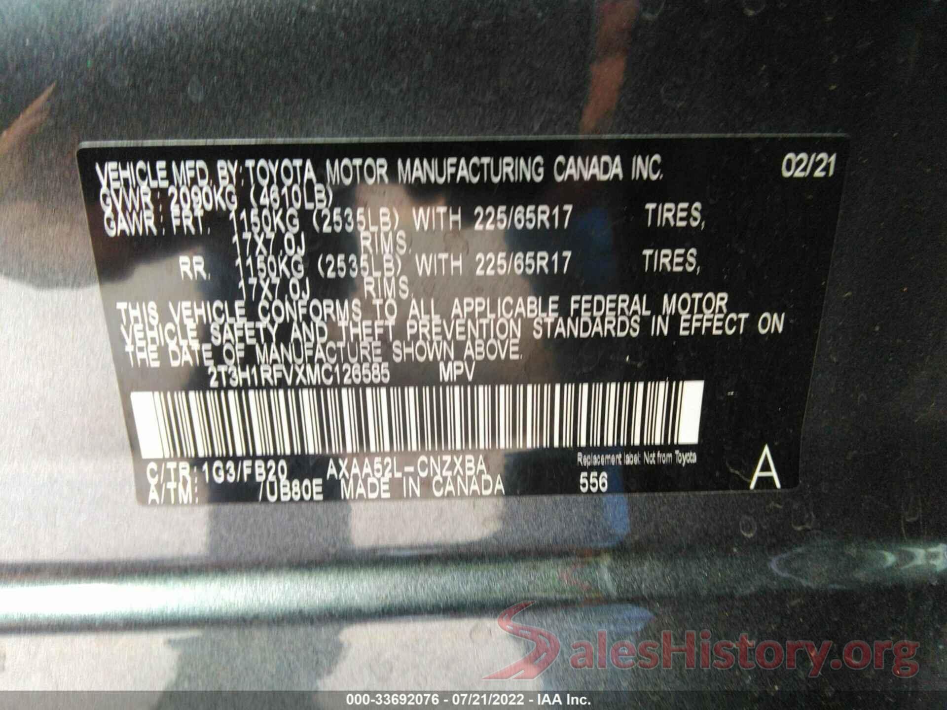 2T3H1RFVXMC126585 2021 TOYOTA RAV4