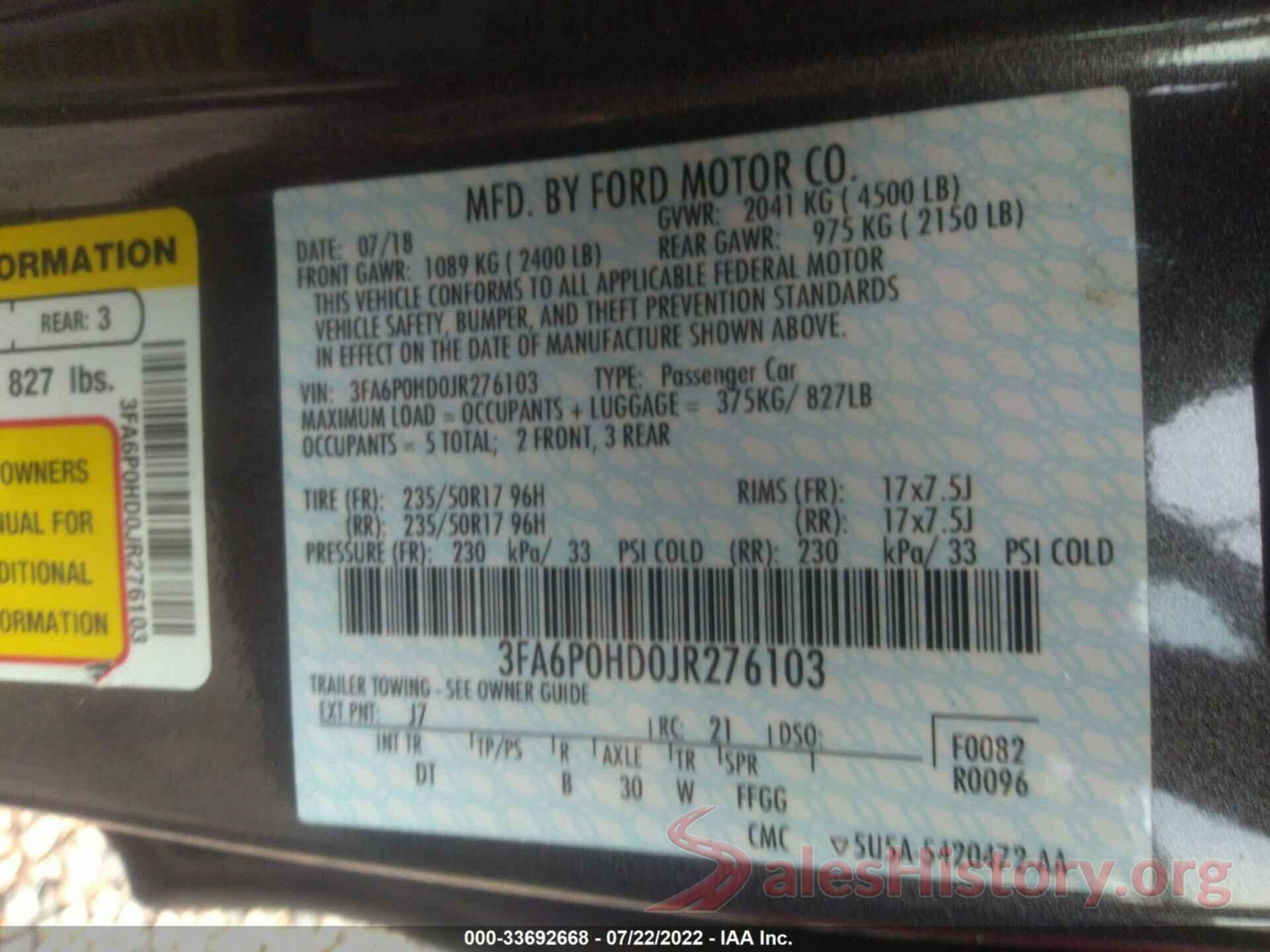 3FA6P0HD0JR276103 2018 FORD FUSION