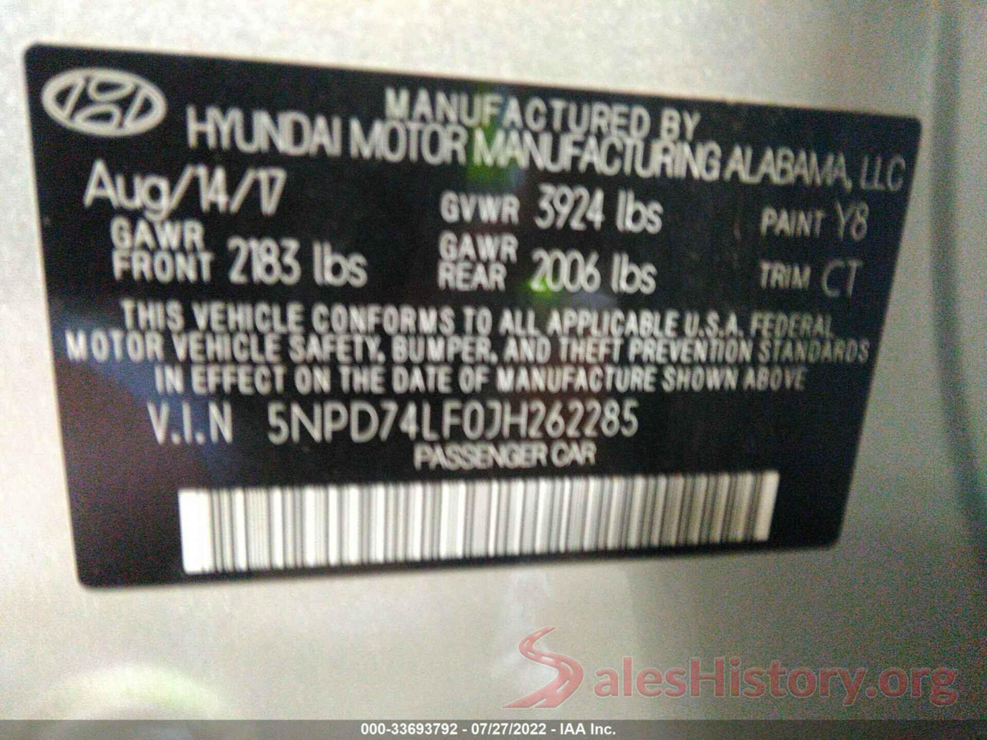 5NPD74LF0JH262285 2018 HYUNDAI ELANTRA