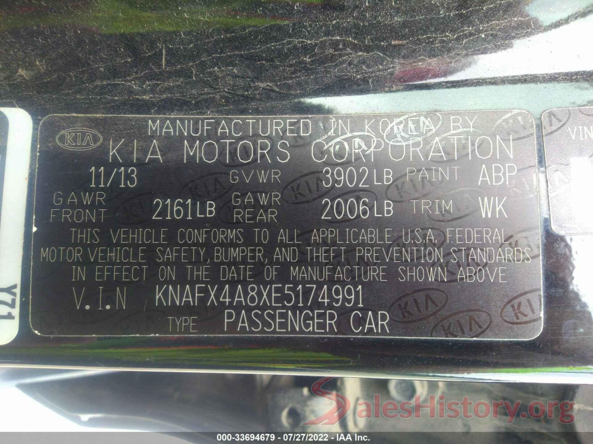 KNAFX4A8XE5174991 2014 KIA FORTE