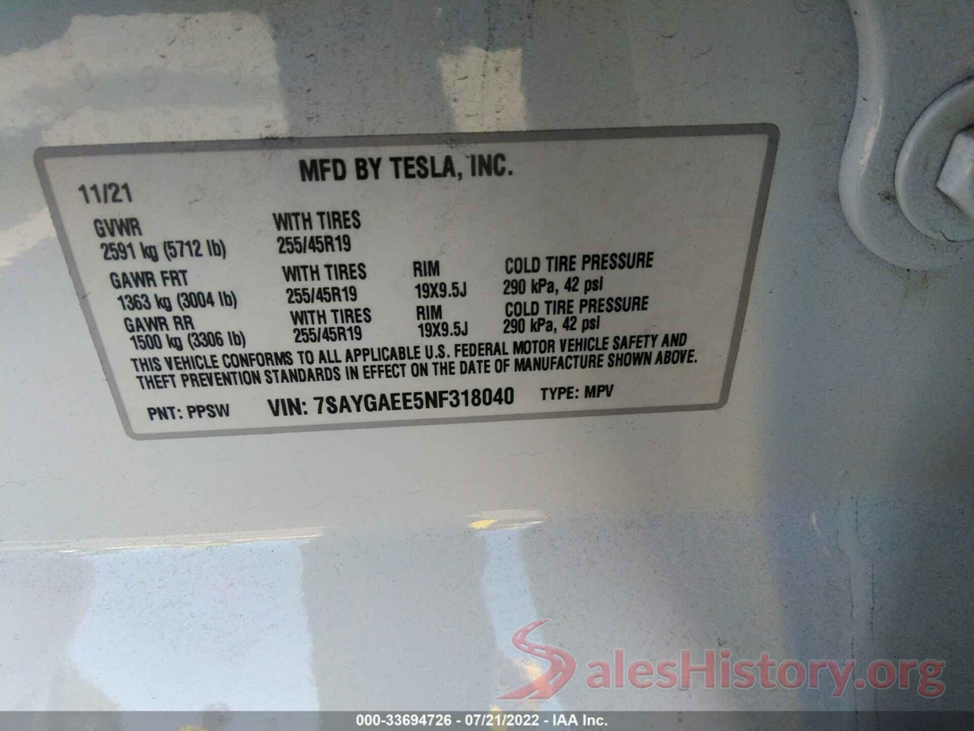 7SAYGAEE5NF318040 2022 TESLA MODEL Y