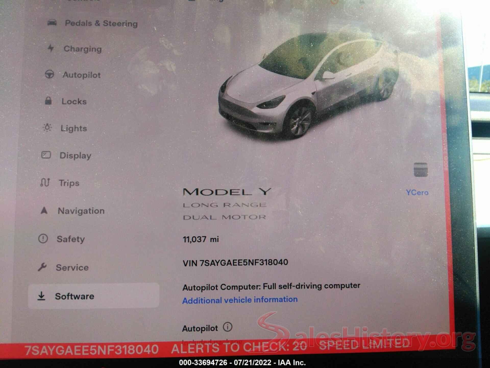 7SAYGAEE5NF318040 2022 TESLA MODEL Y