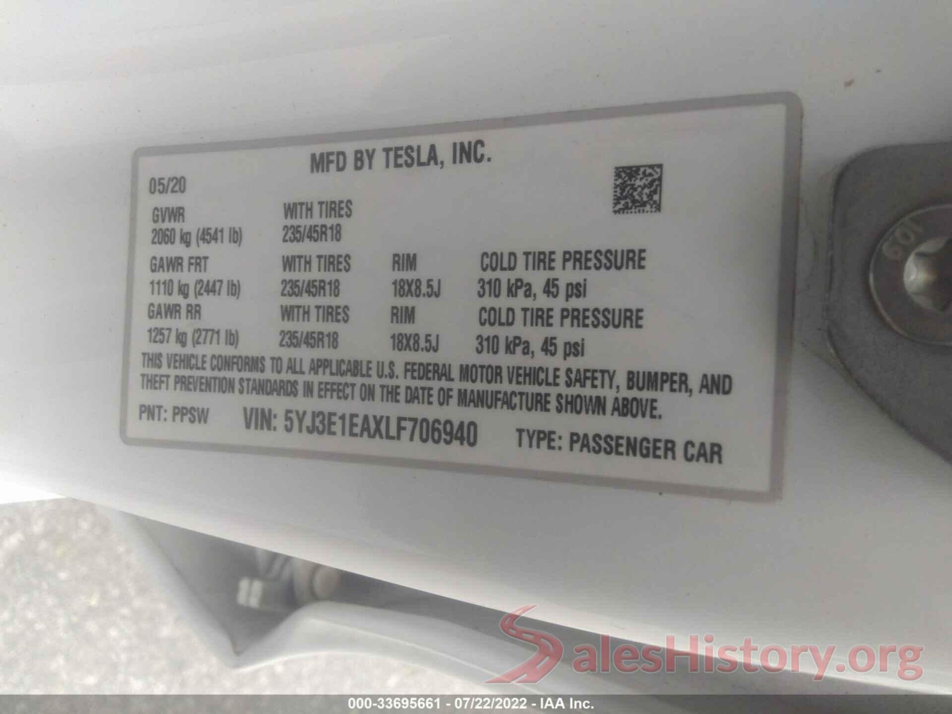 5YJ3E1EAXLF706940 2020 TESLA MODEL 3