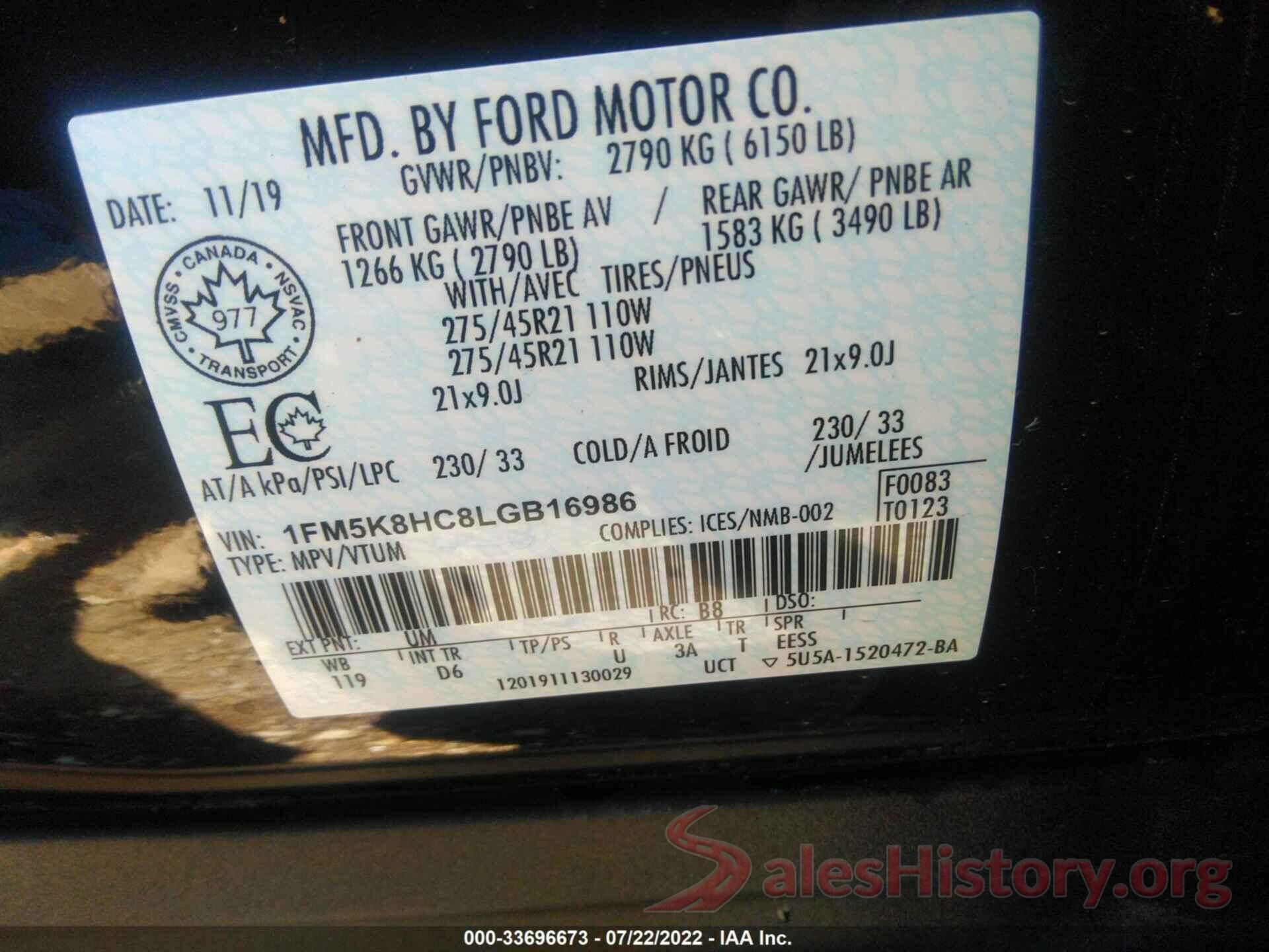 1FM5K8HC8LGB16986 2020 FORD EXPLORER