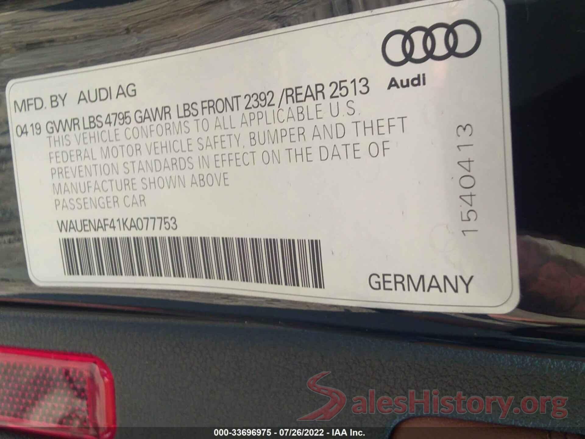 WAUENAF41KA077753 2019 AUDI A4