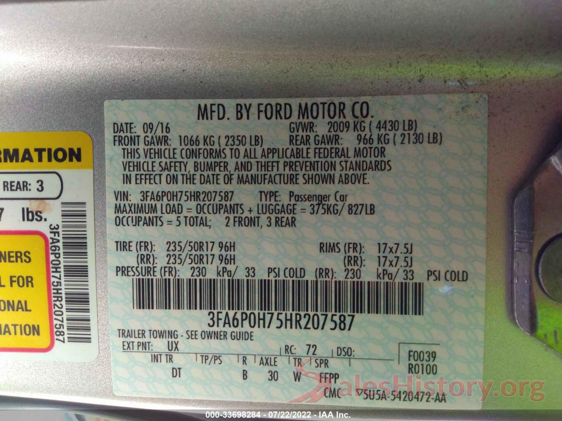 3FA6P0H75HR207587 2017 FORD FUSION