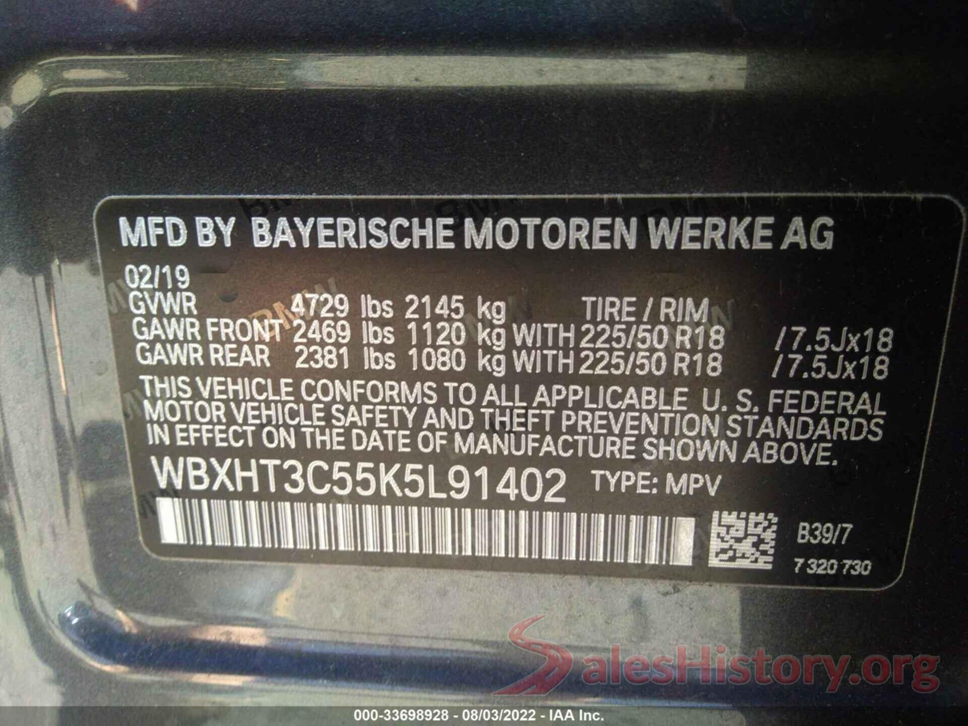 WBXHT3C55K5L91402 2019 BMW X1