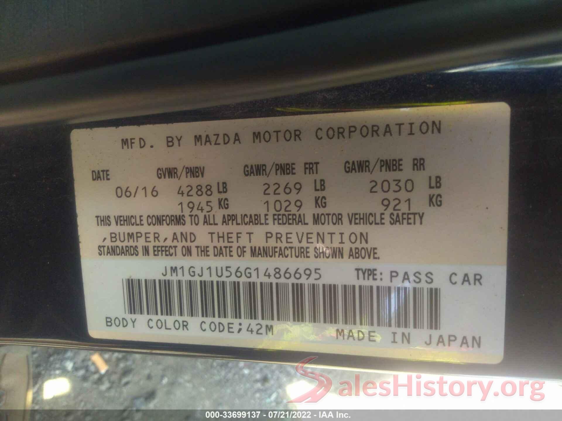 JM1GJ1U56G1486695 2016 MAZDA MAZDA6