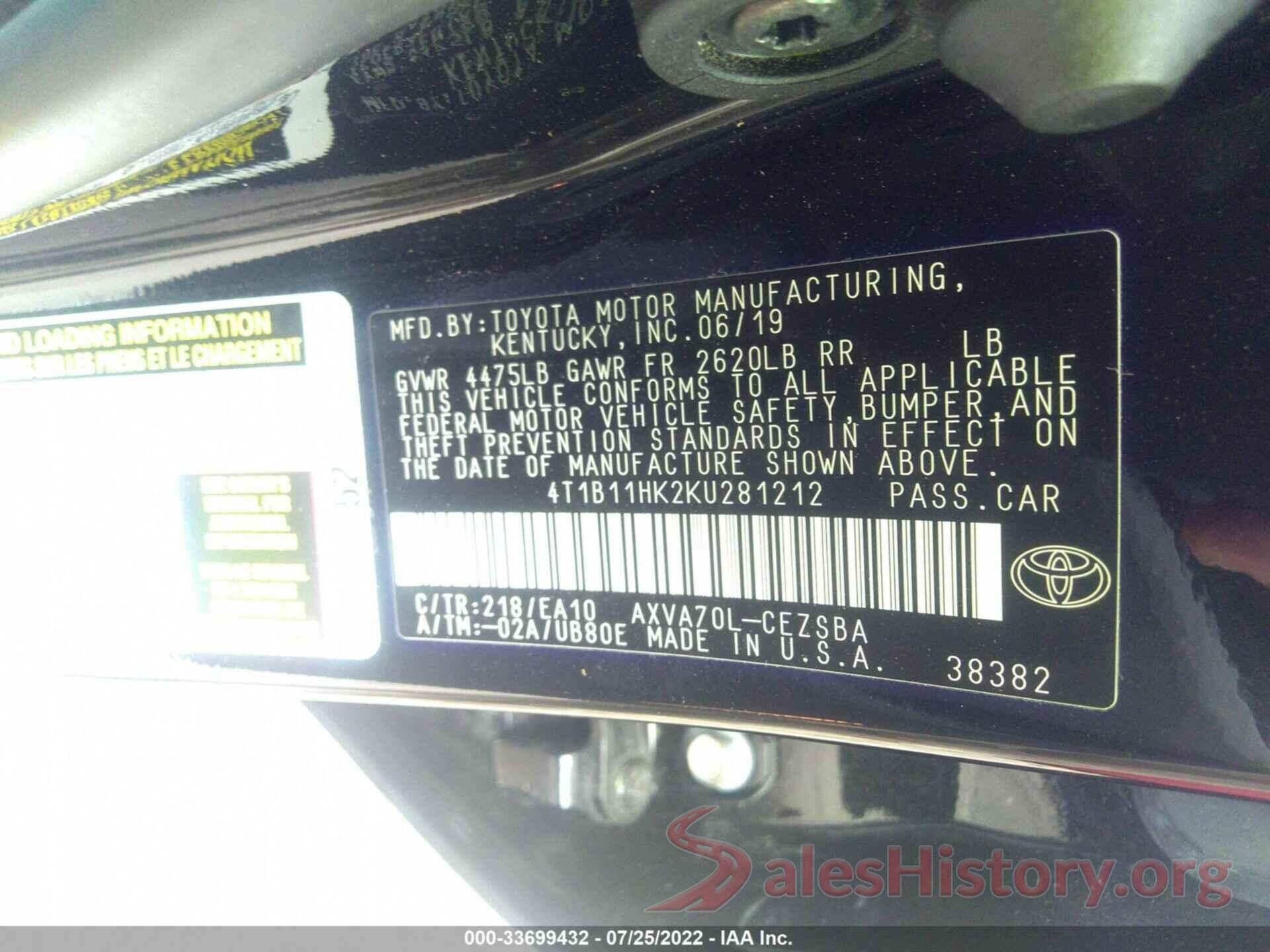 4T1B11HK2KU281212 2019 TOYOTA CAMRY