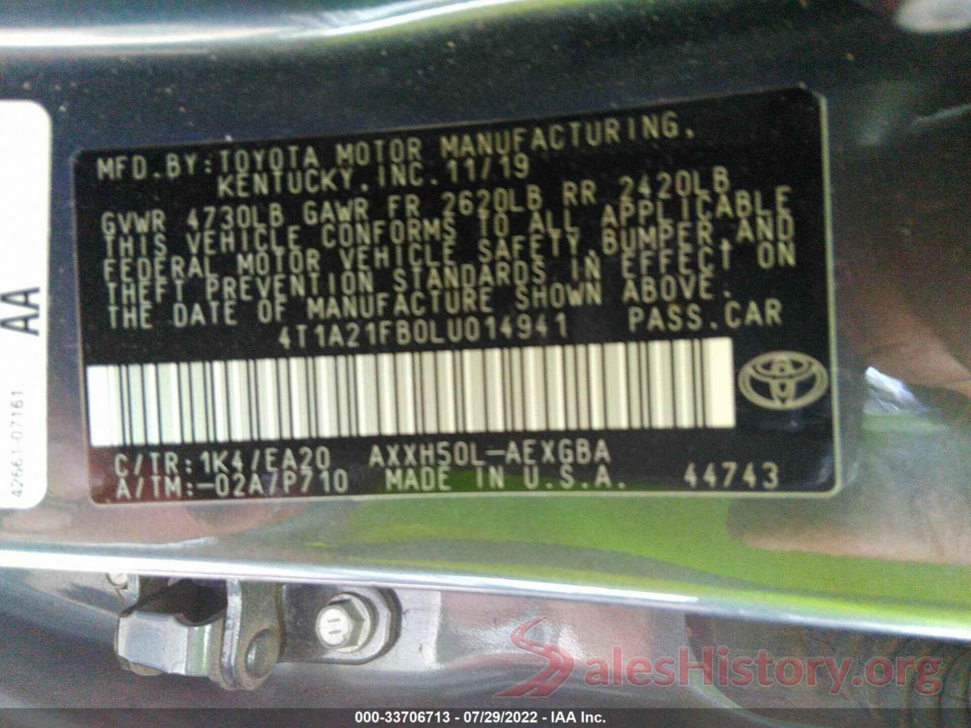 4T1A21FB0LU014941 2020 TOYOTA AVALON