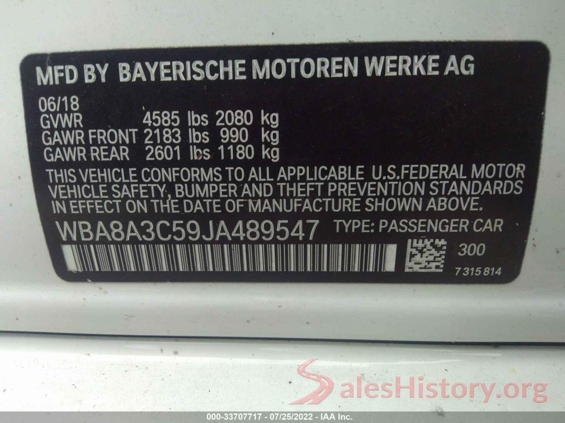 WBA8A3C59JA489547 2018 BMW 3 SERIES