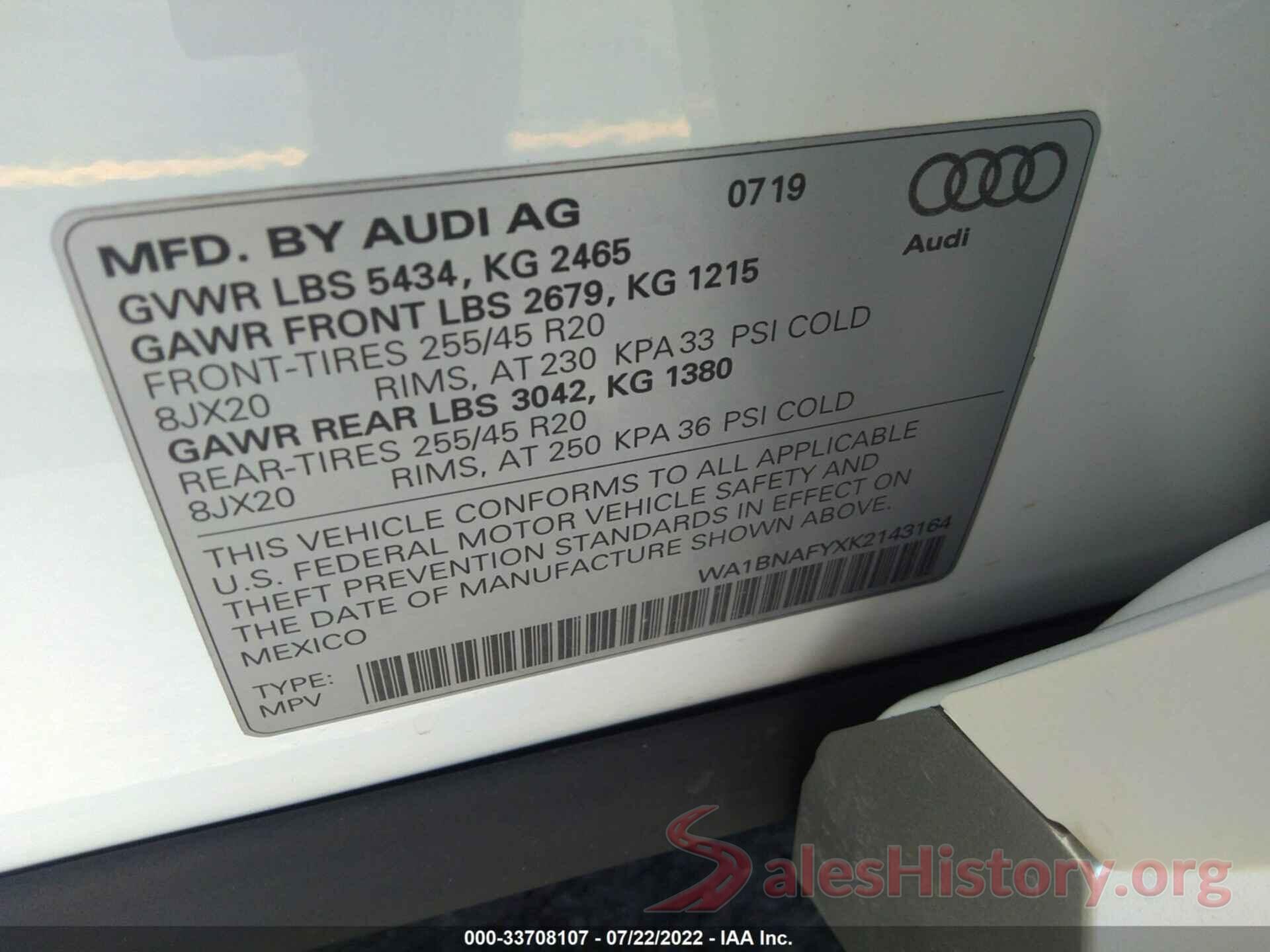 WA1BNAFYXK2143164 2019 AUDI Q5