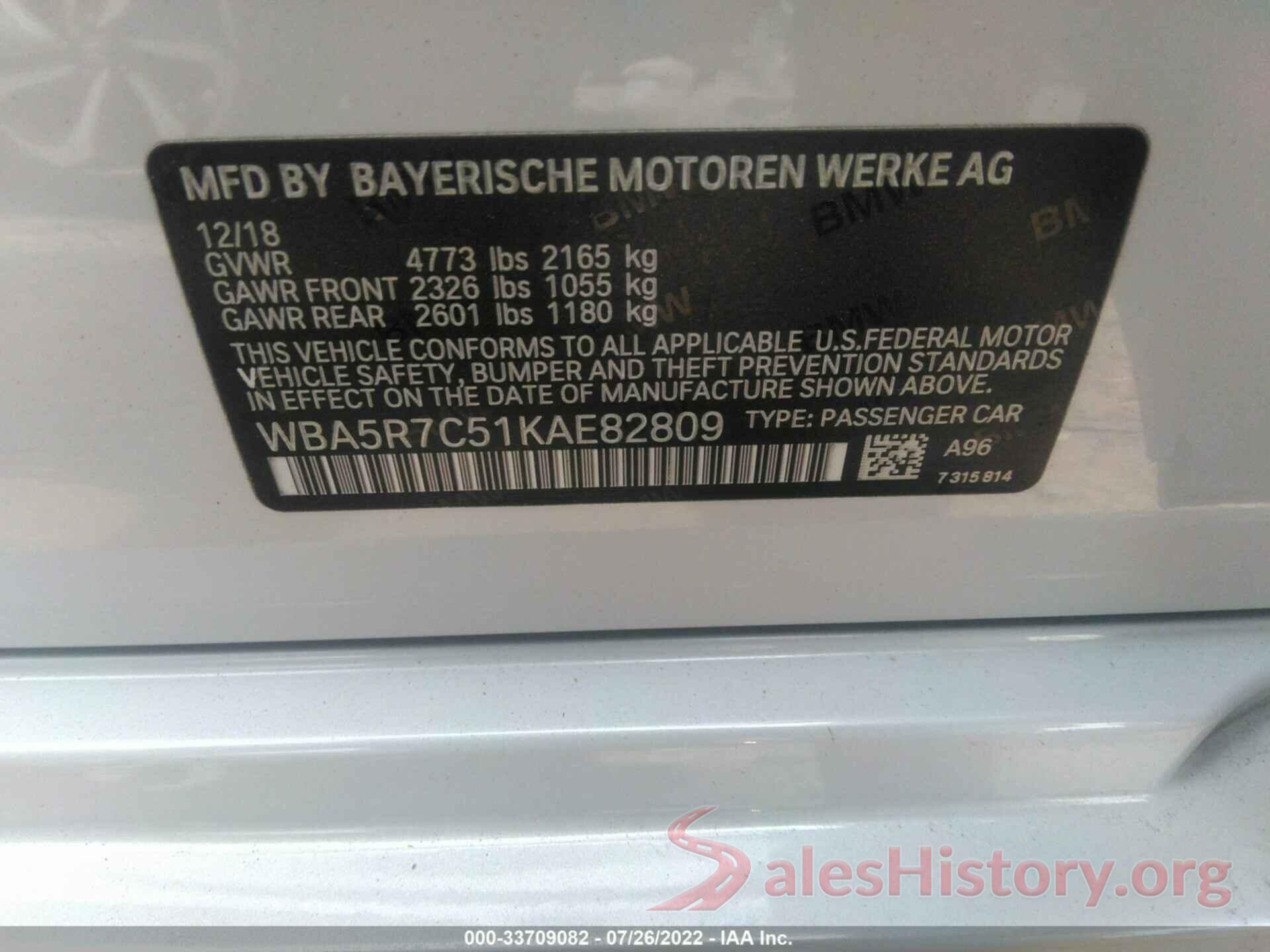 WBA5R7C51KAE82809 2019 BMW 3 SERIES