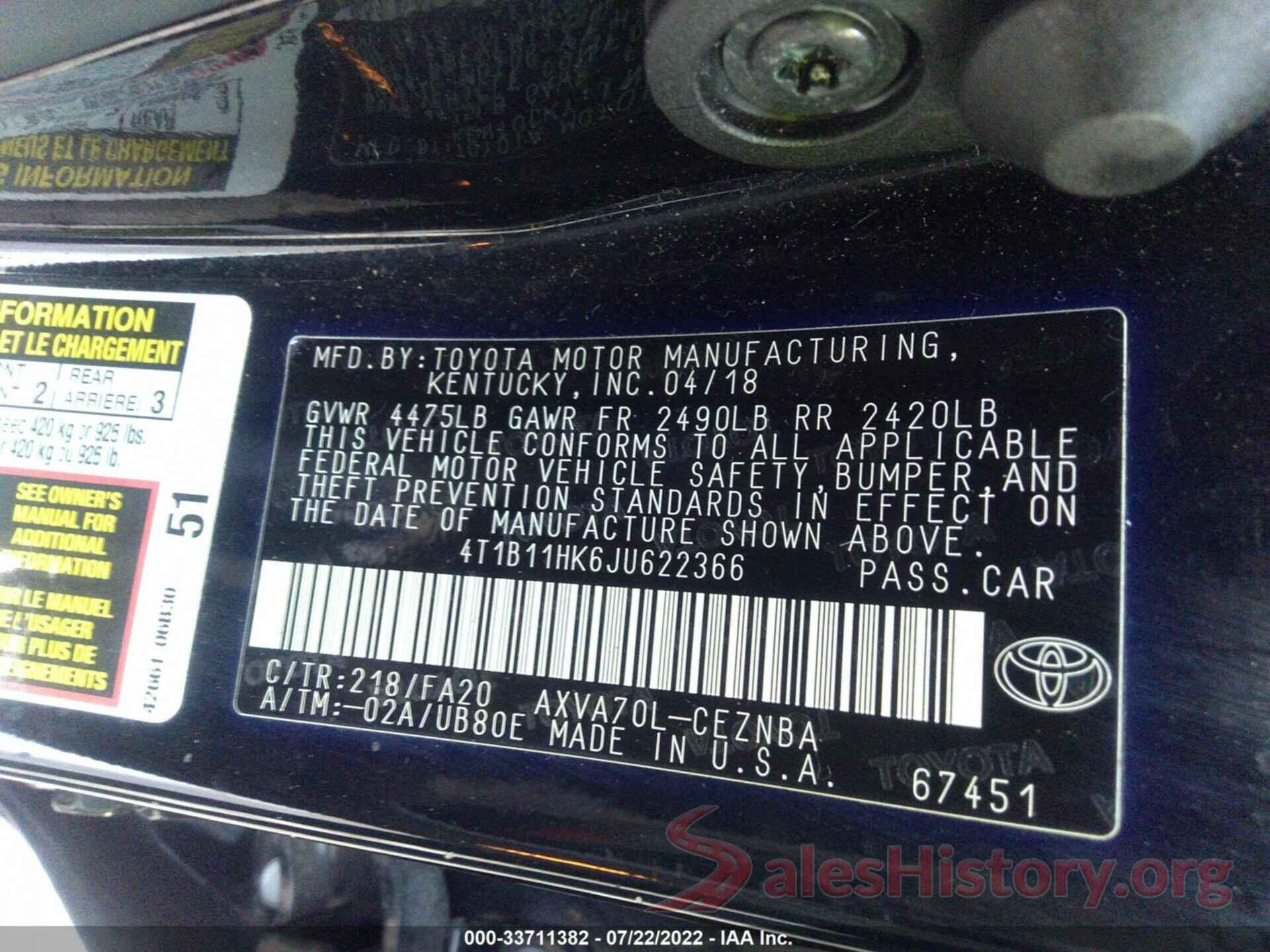 4T1B11HK6JU622366 2018 TOYOTA CAMRY