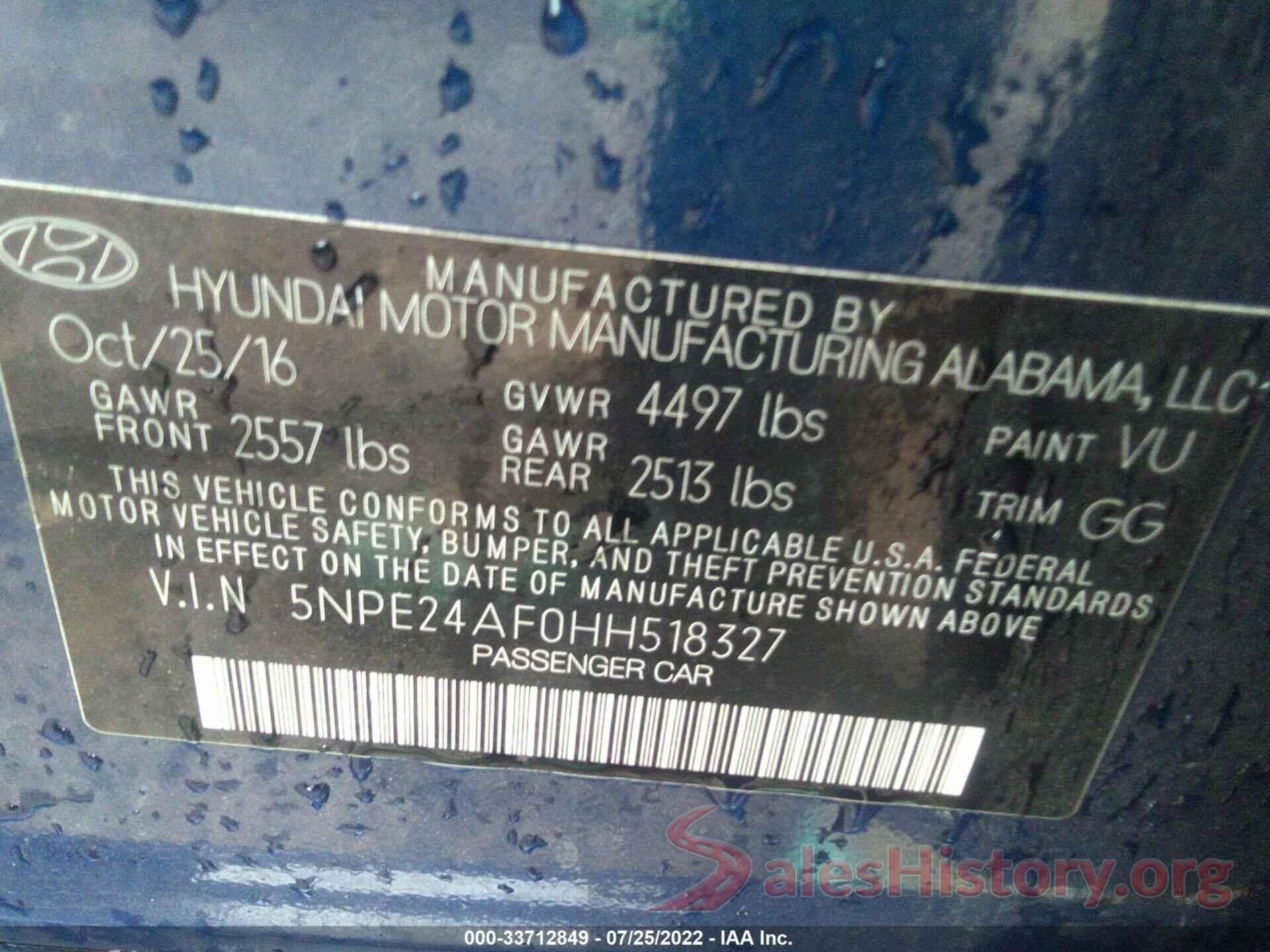 5NPE24AF0HH518327 2017 HYUNDAI SONATA