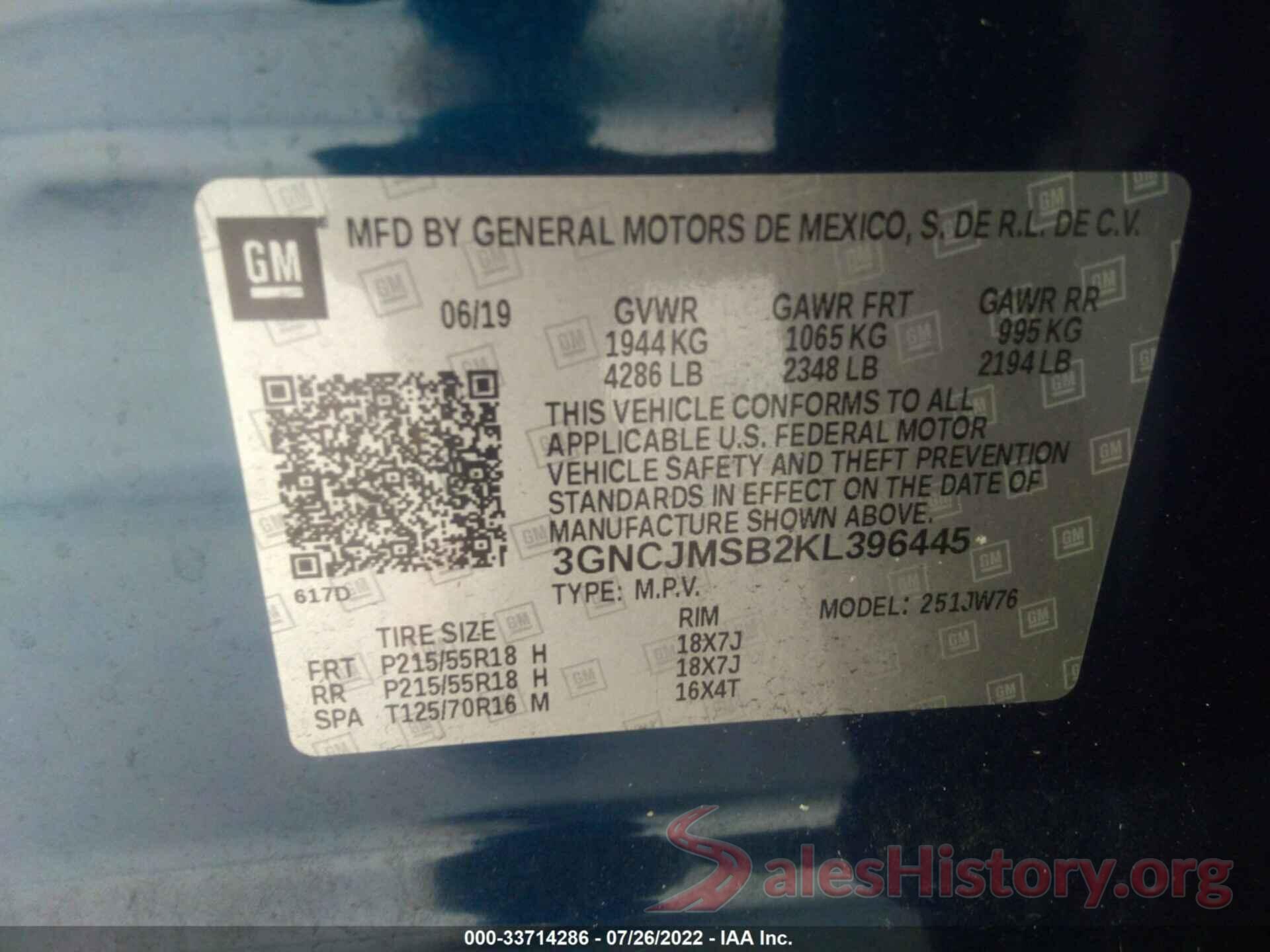 3GNCJMSB2KL396445 2019 CHEVROLET TRAX